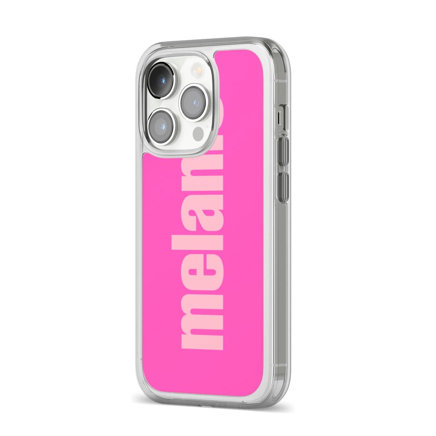 Personalised Pink iPhone 14 Pro Clear Tough Case Silver Angled Image