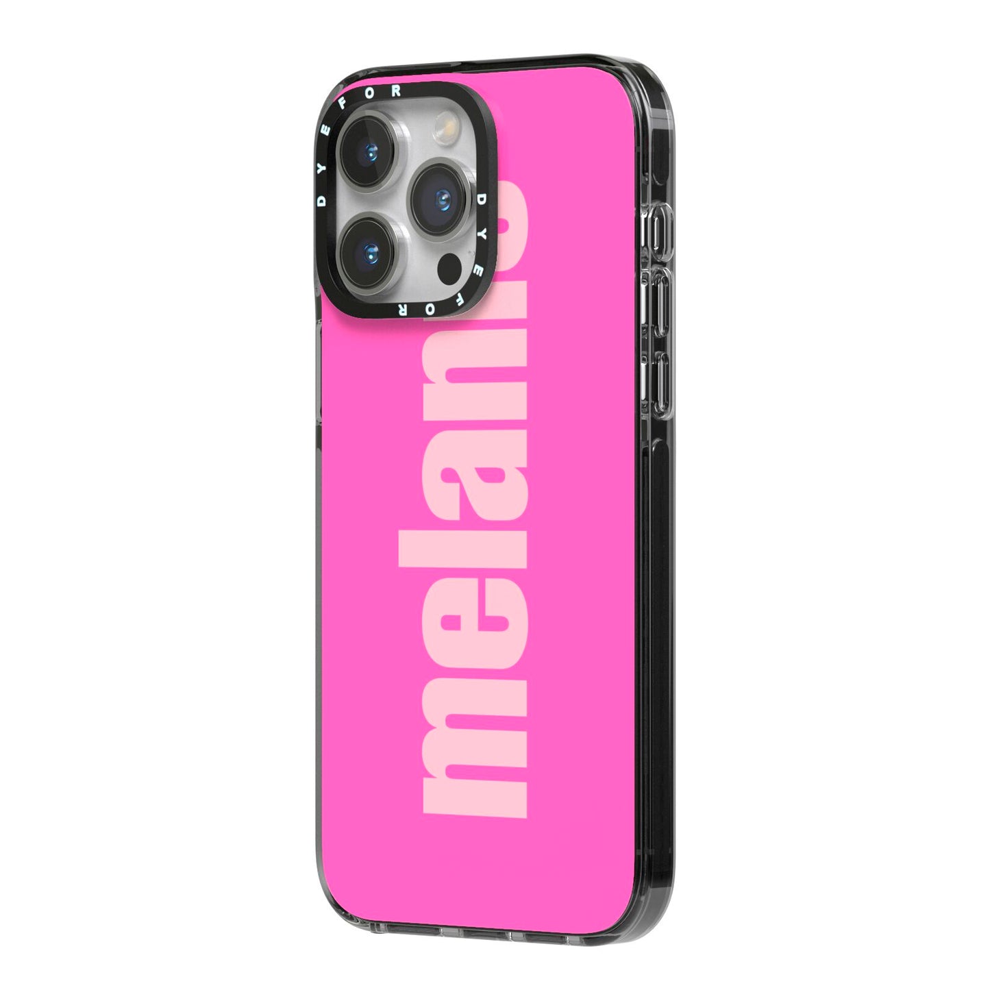 Personalised Pink iPhone 14 Pro Max Black Impact Case Side Angle on Silver phone