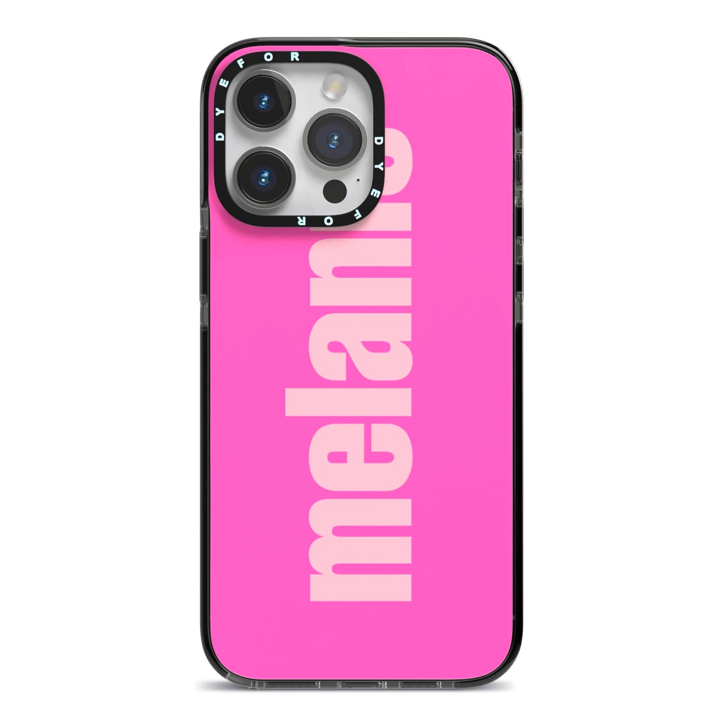 Personalised Pink iPhone 14 Pro Max Black Impact Case on Silver phone