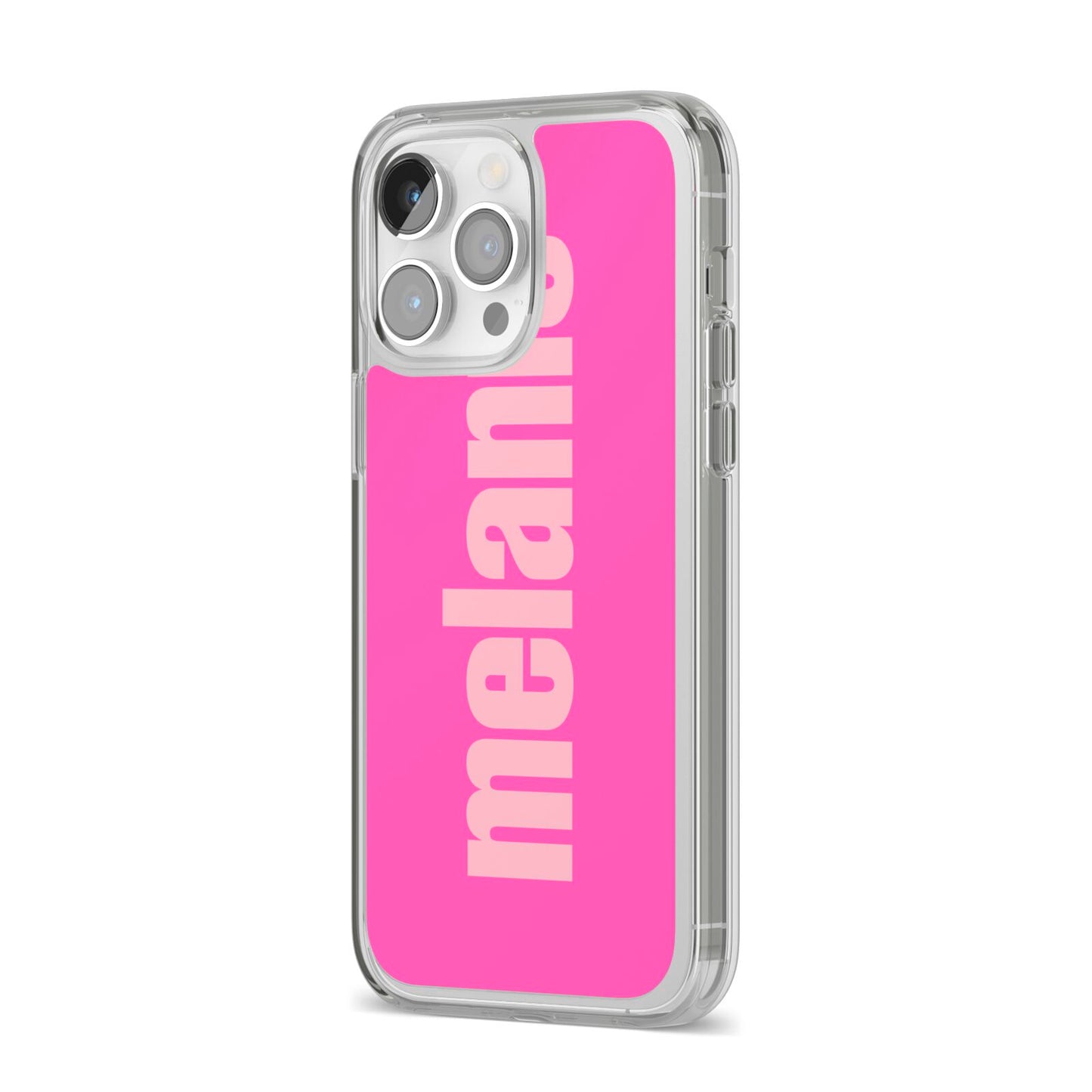 Personalised Pink iPhone 14 Pro Max Clear Tough Case Silver Angled Image