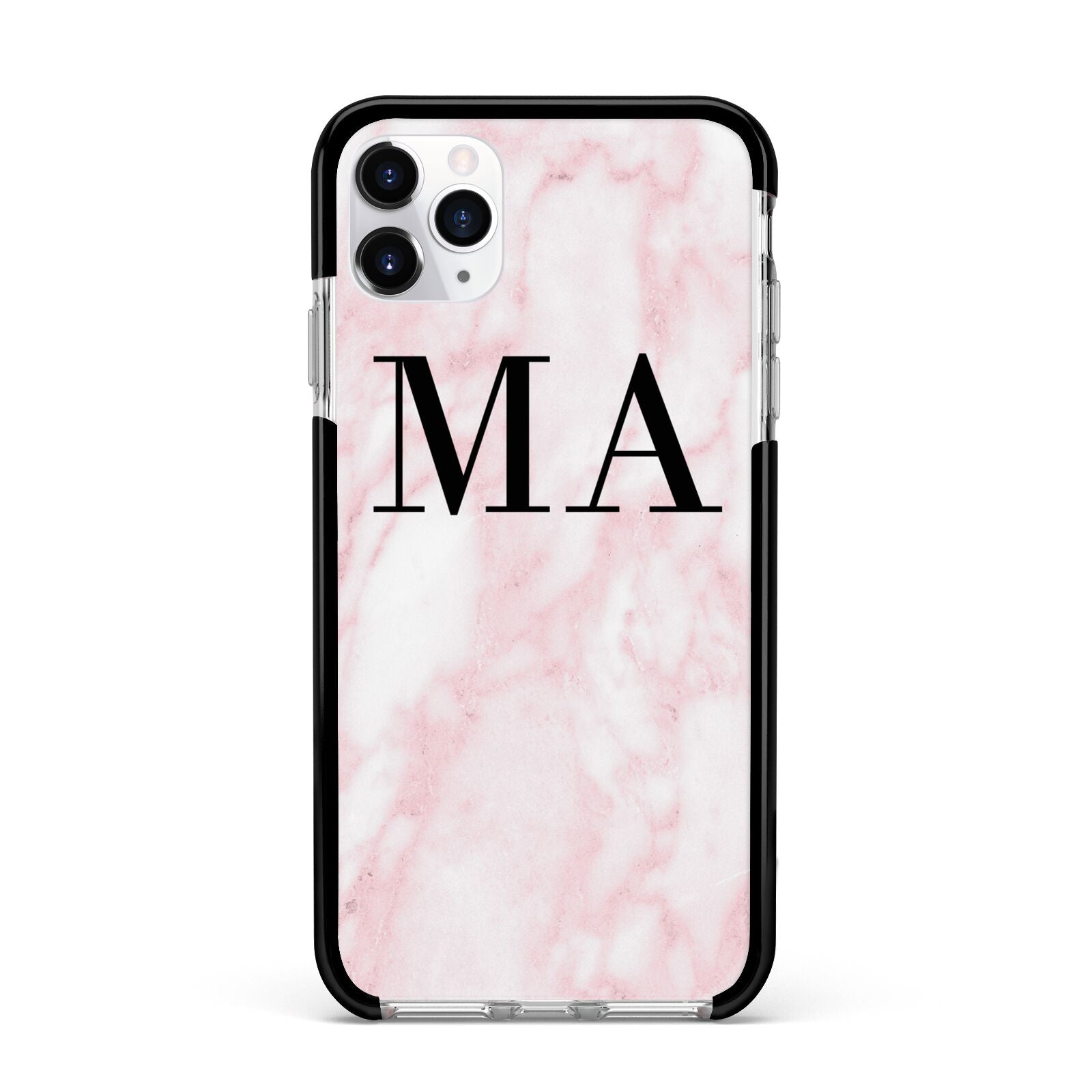 Personalised Pinky Marble Initials Apple iPhone 11 Pro Max in Silver with Black Impact Case