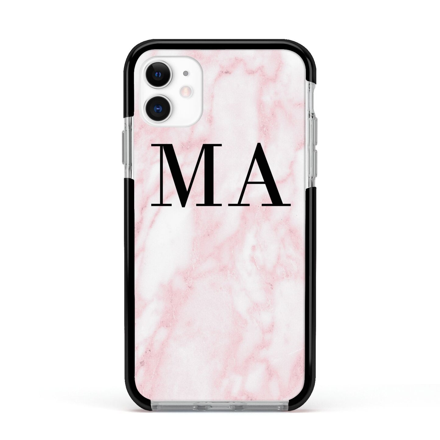 Personalised Pinky Marble Initials Apple iPhone 11 in White with Black Impact Case