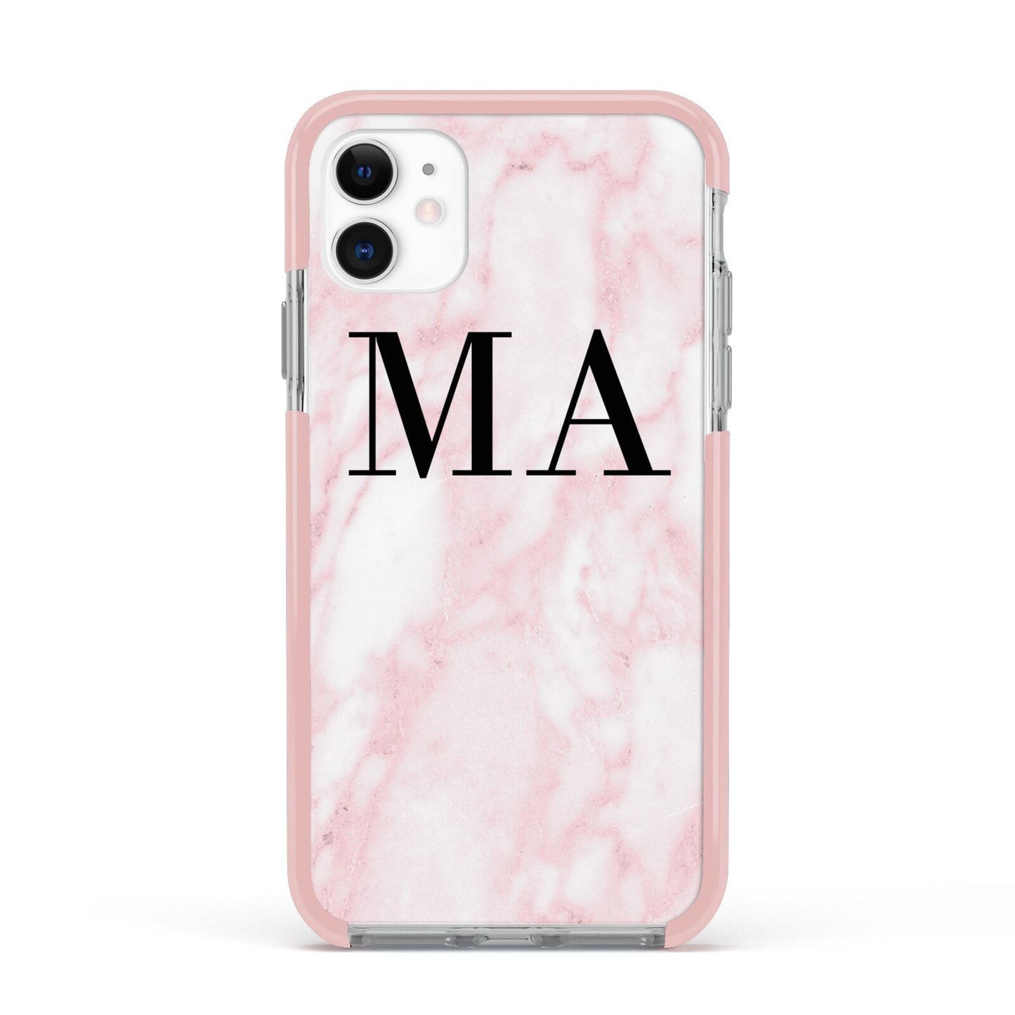Personalised Pinky Marble Initials Apple iPhone 11 in White with Pink Impact Case