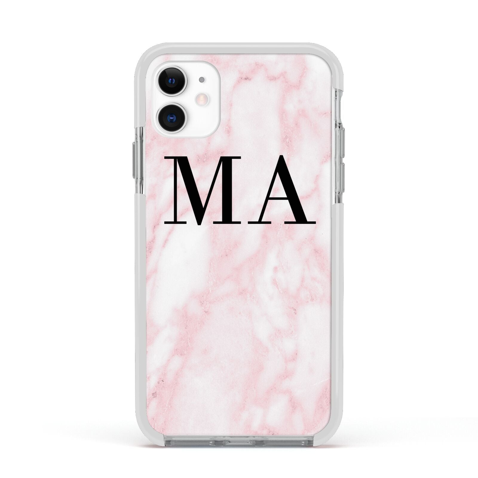 Personalised Pinky Marble Initials Apple iPhone 11 in White with White Impact Case
