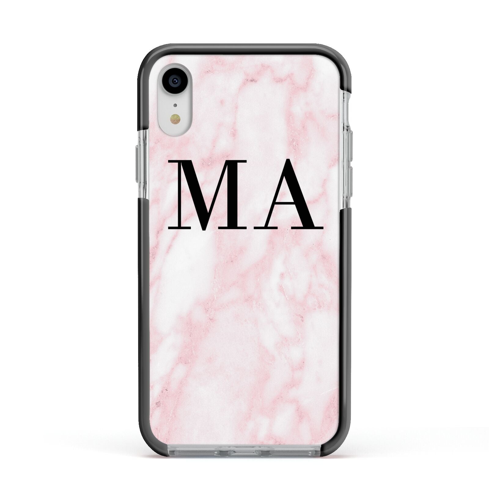 Personalised Pinky Marble Initials Apple iPhone XR Impact Case Black Edge on Silver Phone