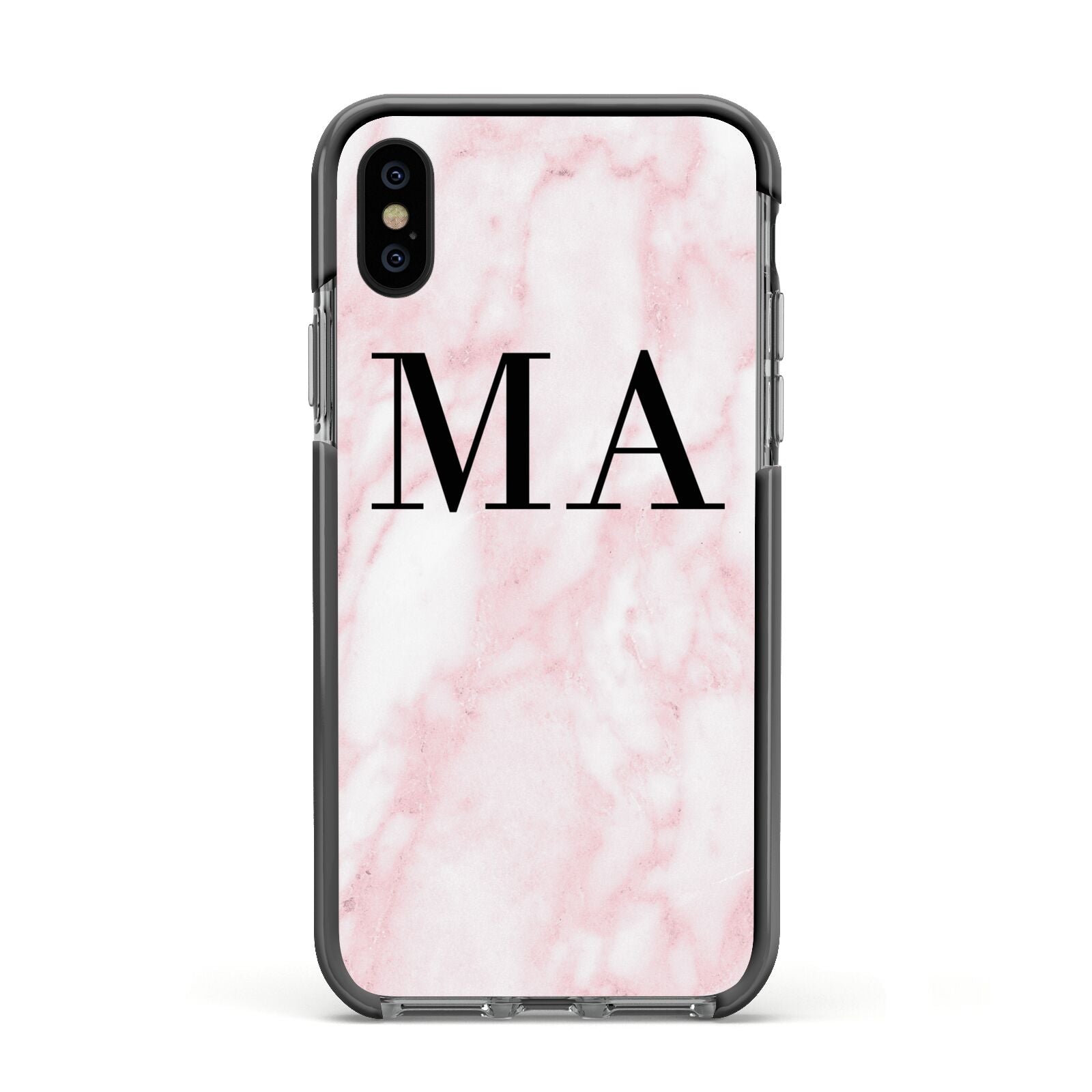 Personalised Pinky Marble Initials Apple iPhone Xs Impact Case Black Edge on Black Phone