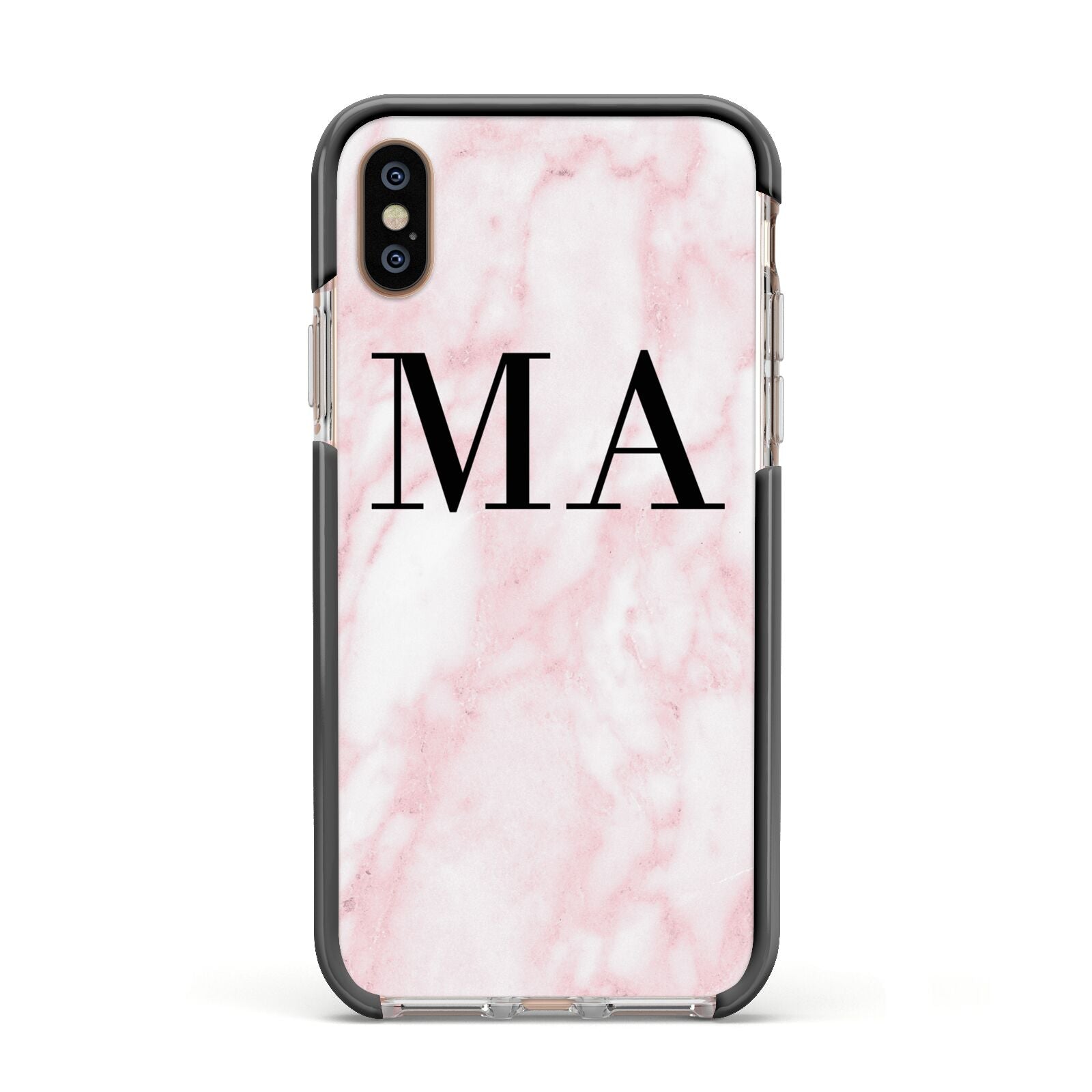 Personalised Pinky Marble Initials Apple iPhone Xs Impact Case Black Edge on Gold Phone