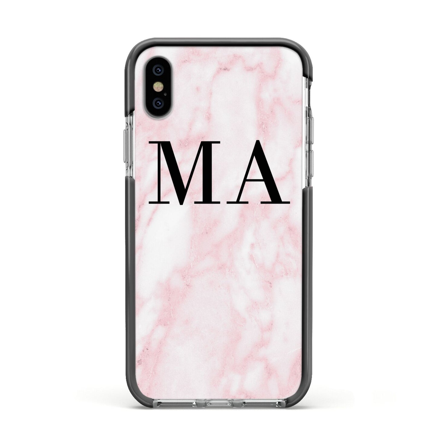 Personalised Pinky Marble Initials Apple iPhone Xs Impact Case Black Edge on Silver Phone