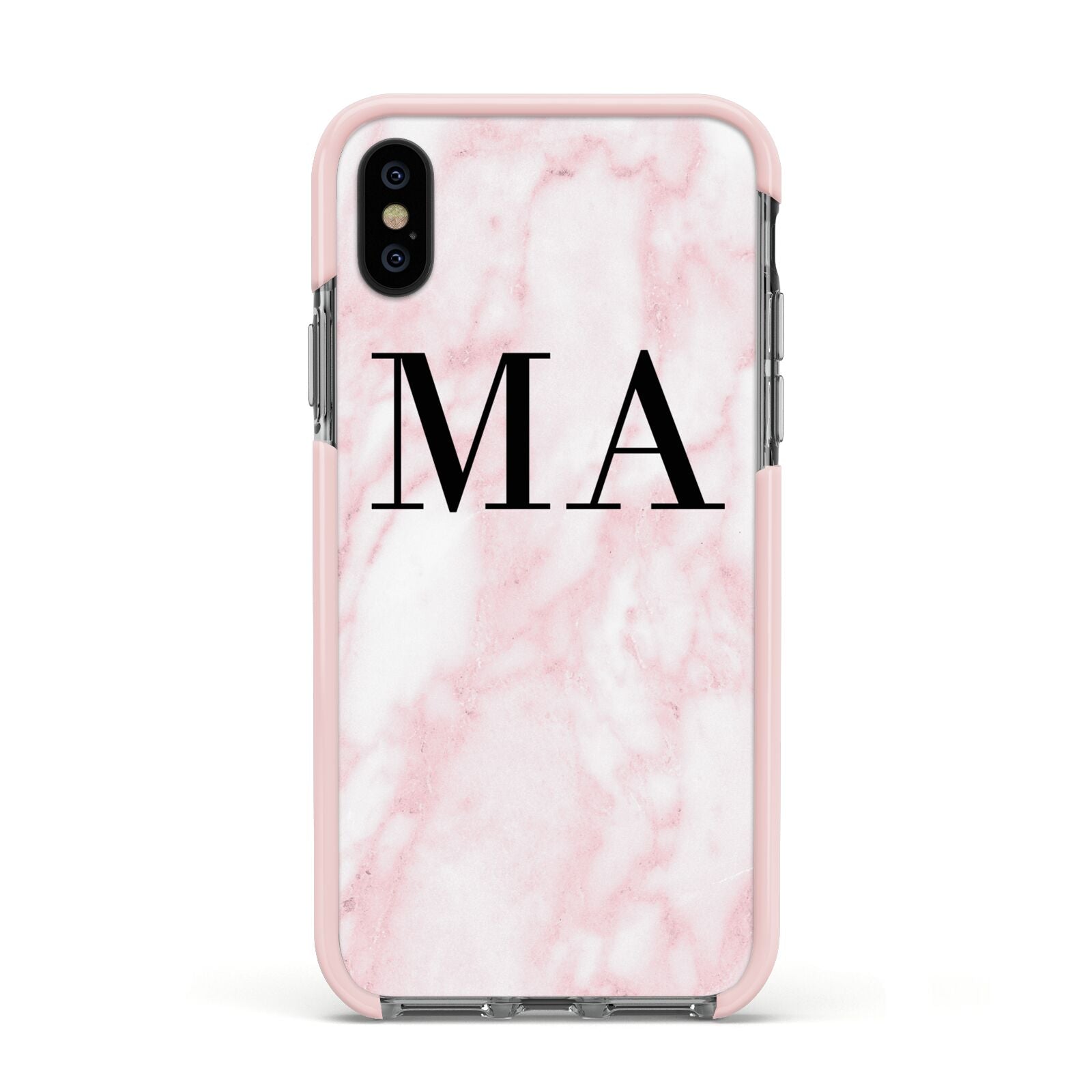 Personalised Pinky Marble Initials Apple iPhone Xs Impact Case Pink Edge on Black Phone