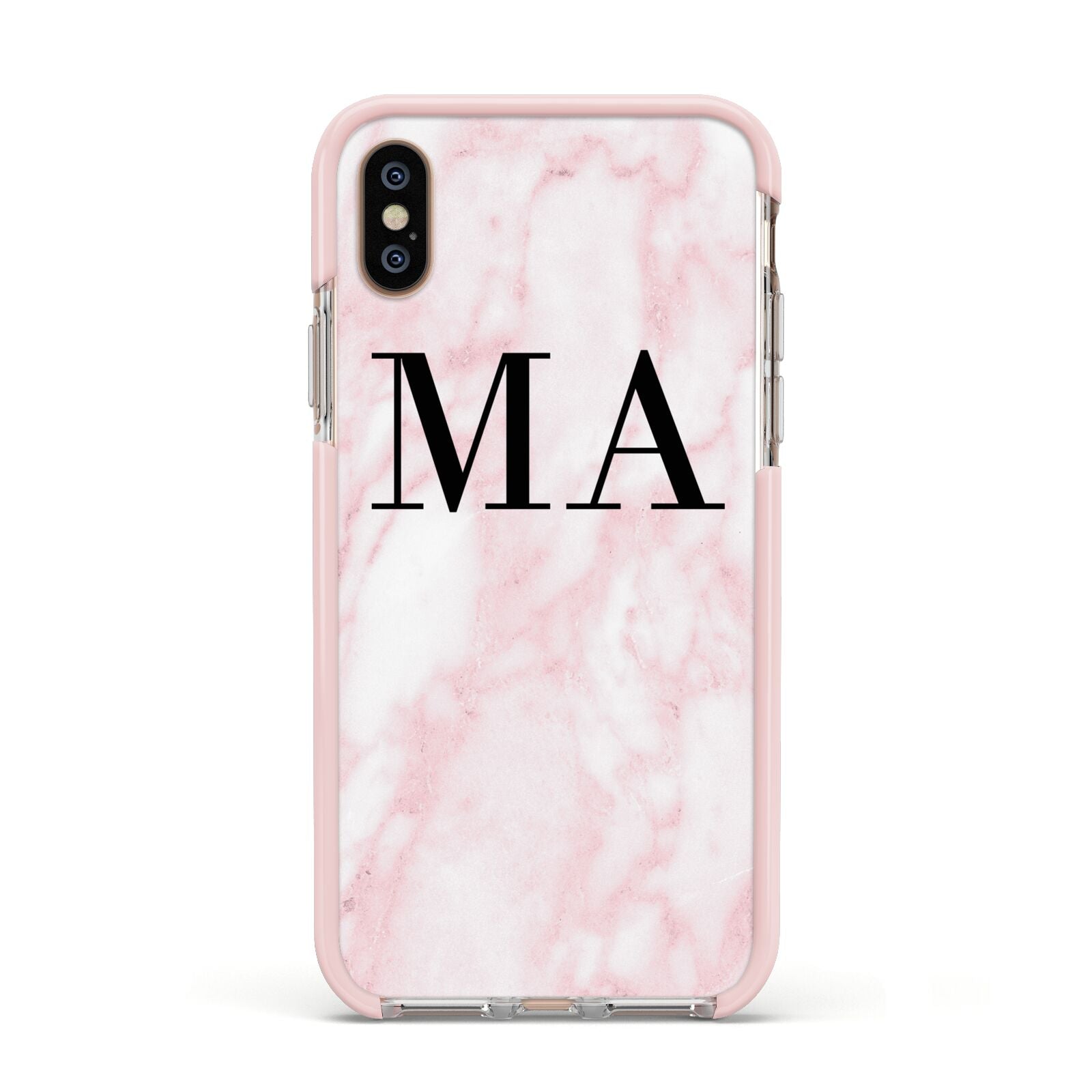 Personalised Pinky Marble Initials Apple iPhone Xs Impact Case Pink Edge on Gold Phone