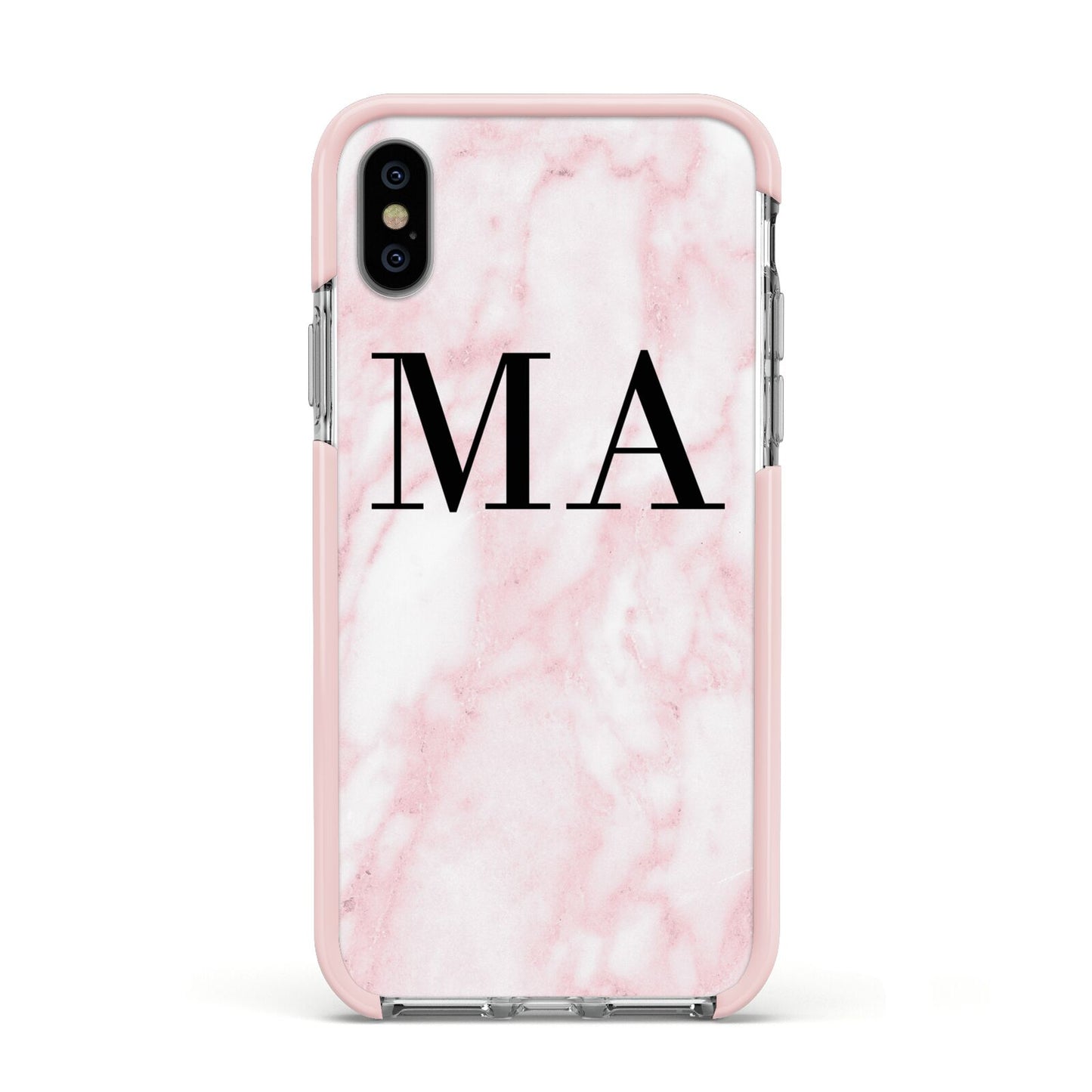Personalised Pinky Marble Initials Apple iPhone Xs Impact Case Pink Edge on Silver Phone