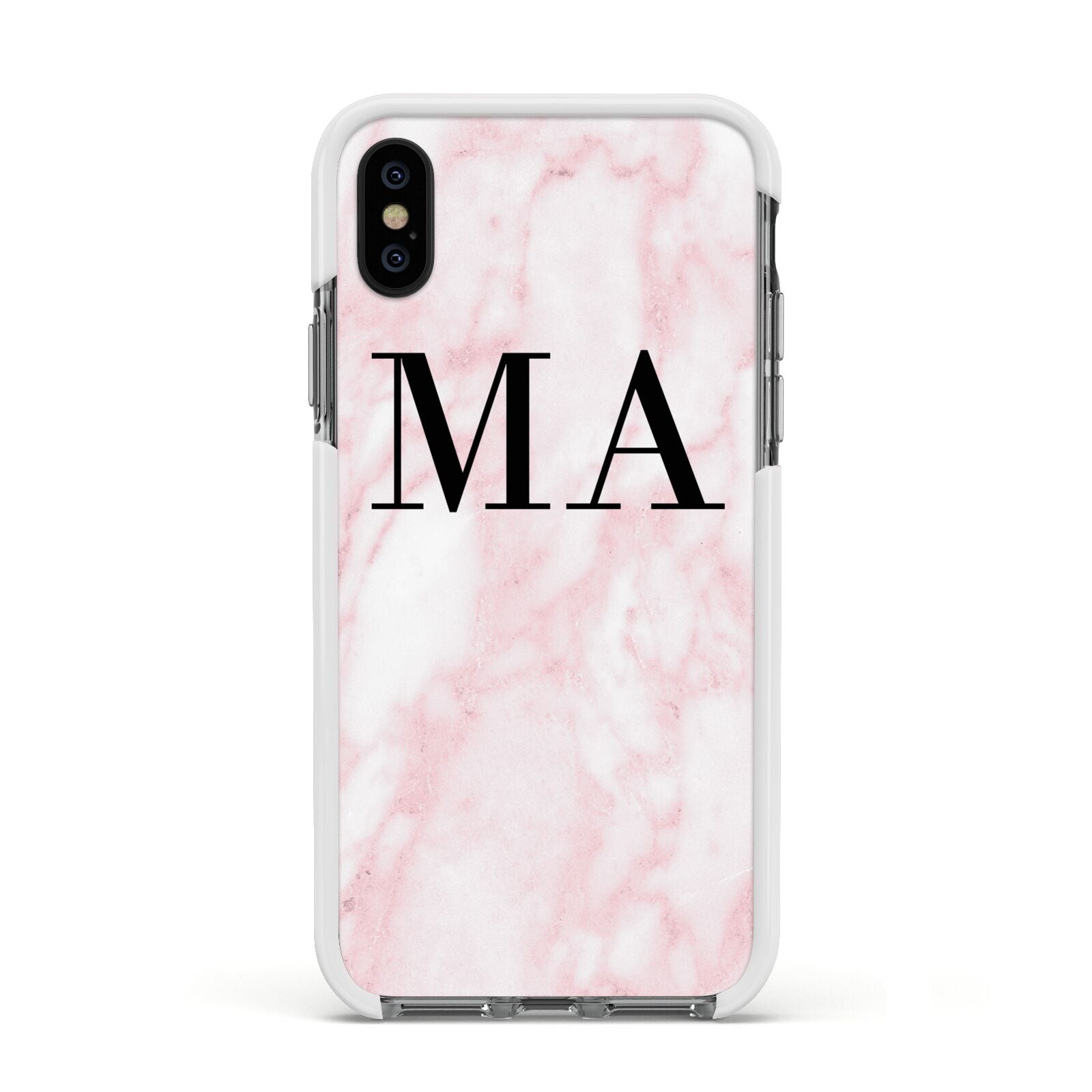 Personalised Pinky Marble Initials Apple iPhone Xs Impact Case White Edge on Black Phone