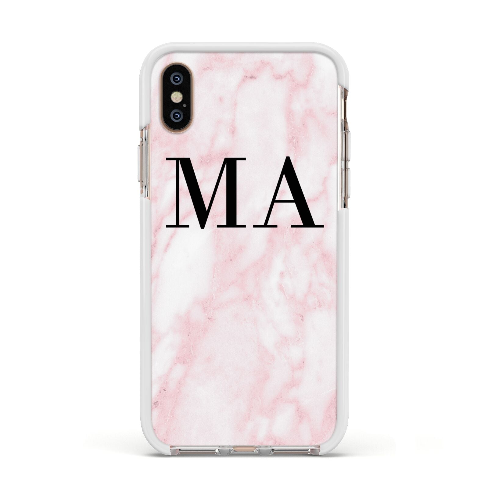 Personalised Pinky Marble Initials Apple iPhone Xs Impact Case White Edge on Gold Phone