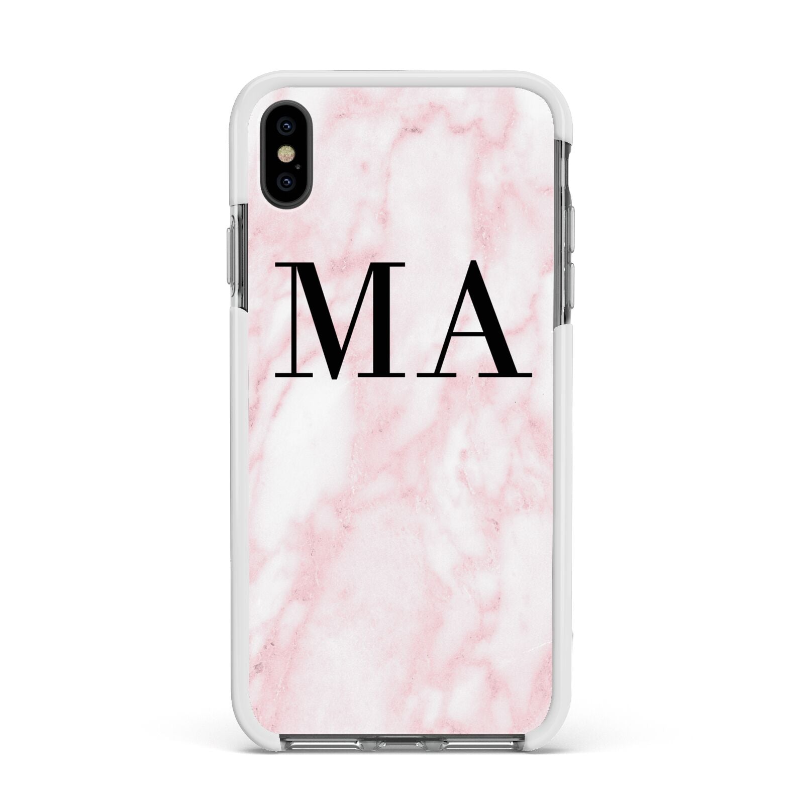 Personalised Pinky Marble Initials Apple iPhone Xs Max Impact Case White Edge on Black Phone