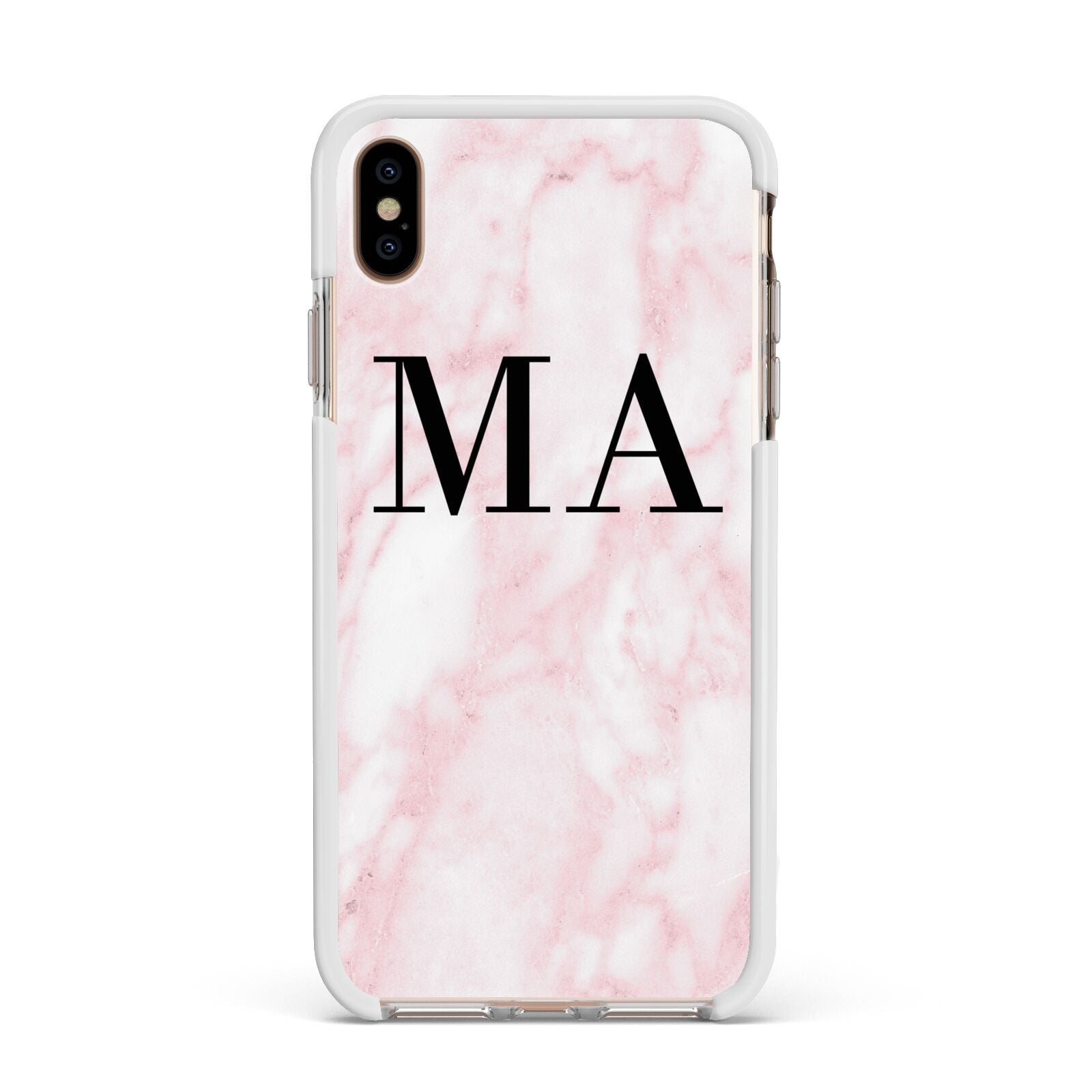Personalised Pinky Marble Initials Apple iPhone Xs Max Impact Case White Edge on Gold Phone