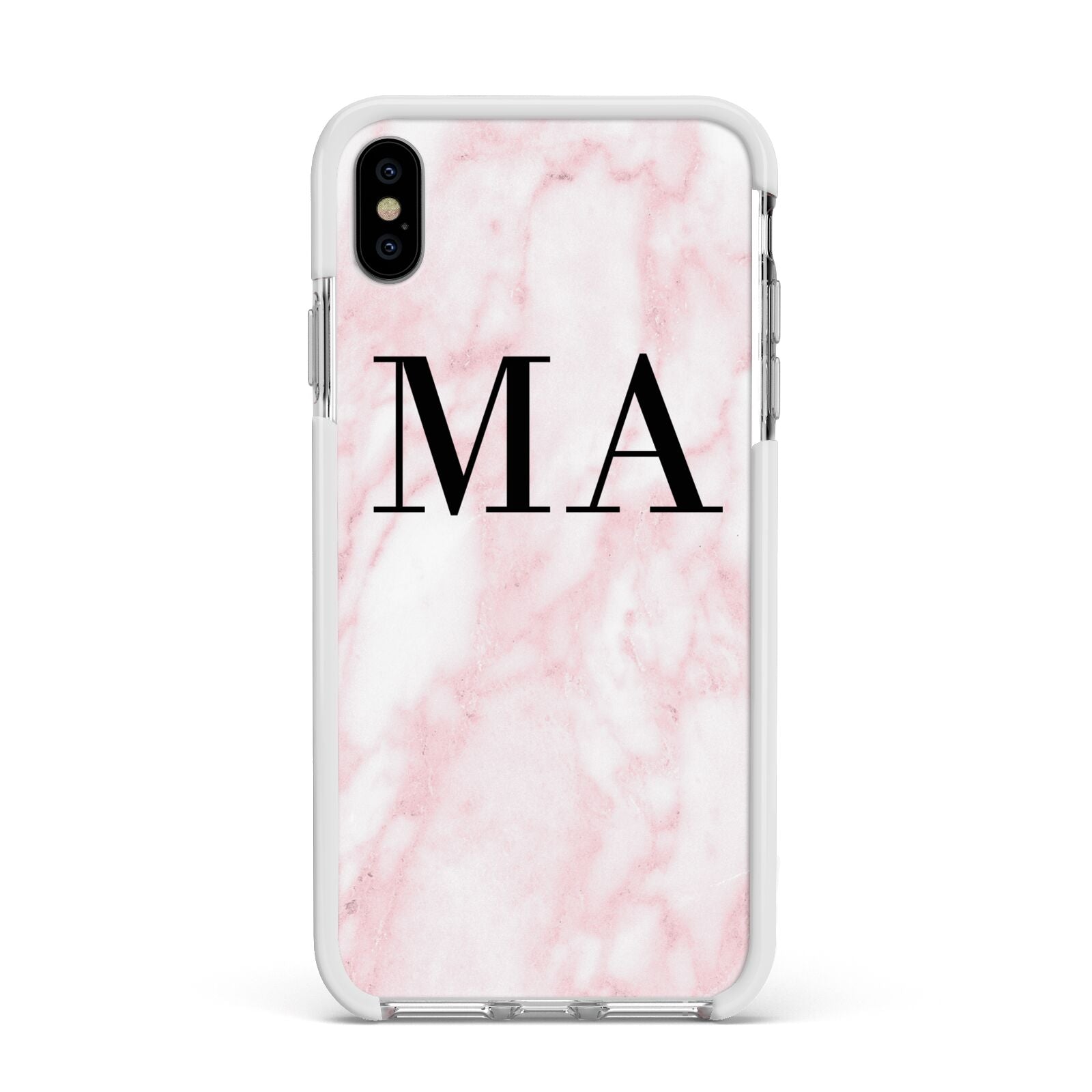 Personalised Pinky Marble Initials Apple iPhone Xs Max Impact Case White Edge on Silver Phone