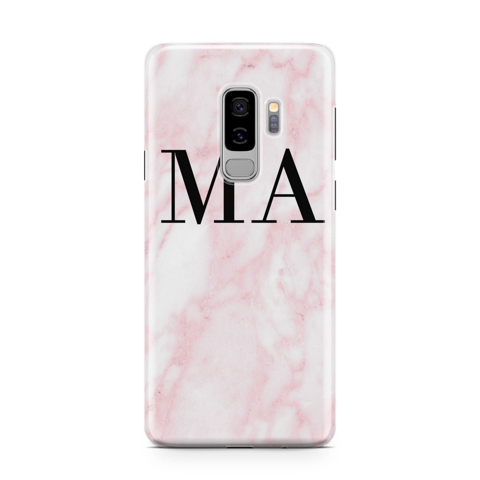 Personalised Pinky Marble Initials Samsung Galaxy S9 Plus Case on Silver phone