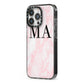 Personalised Pinky Marble Initials iPhone 13 Pro Black Impact Case Side Angle on Silver phone