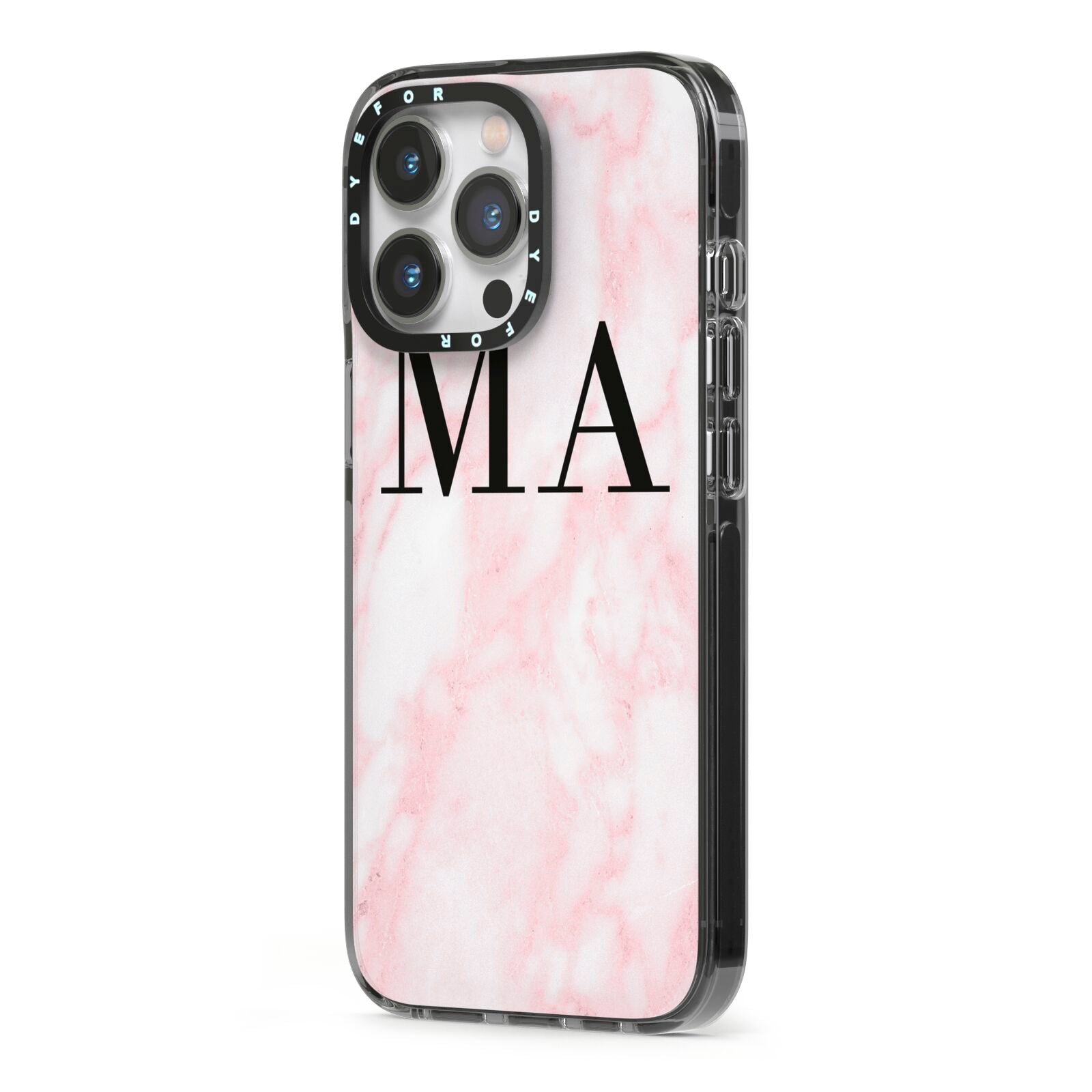 Personalised Pinky Marble Initials iPhone 13 Pro Black Impact Case Side Angle on Silver phone