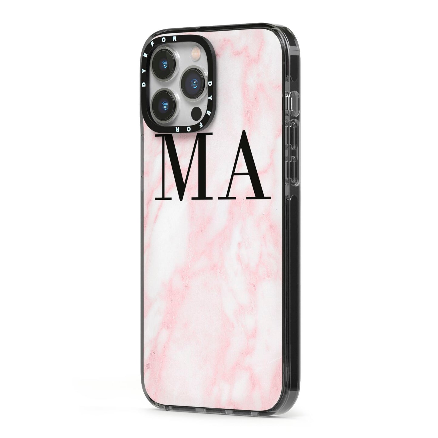 Personalised Pinky Marble Initials iPhone 13 Pro Max Black Impact Case Side Angle on Silver phone