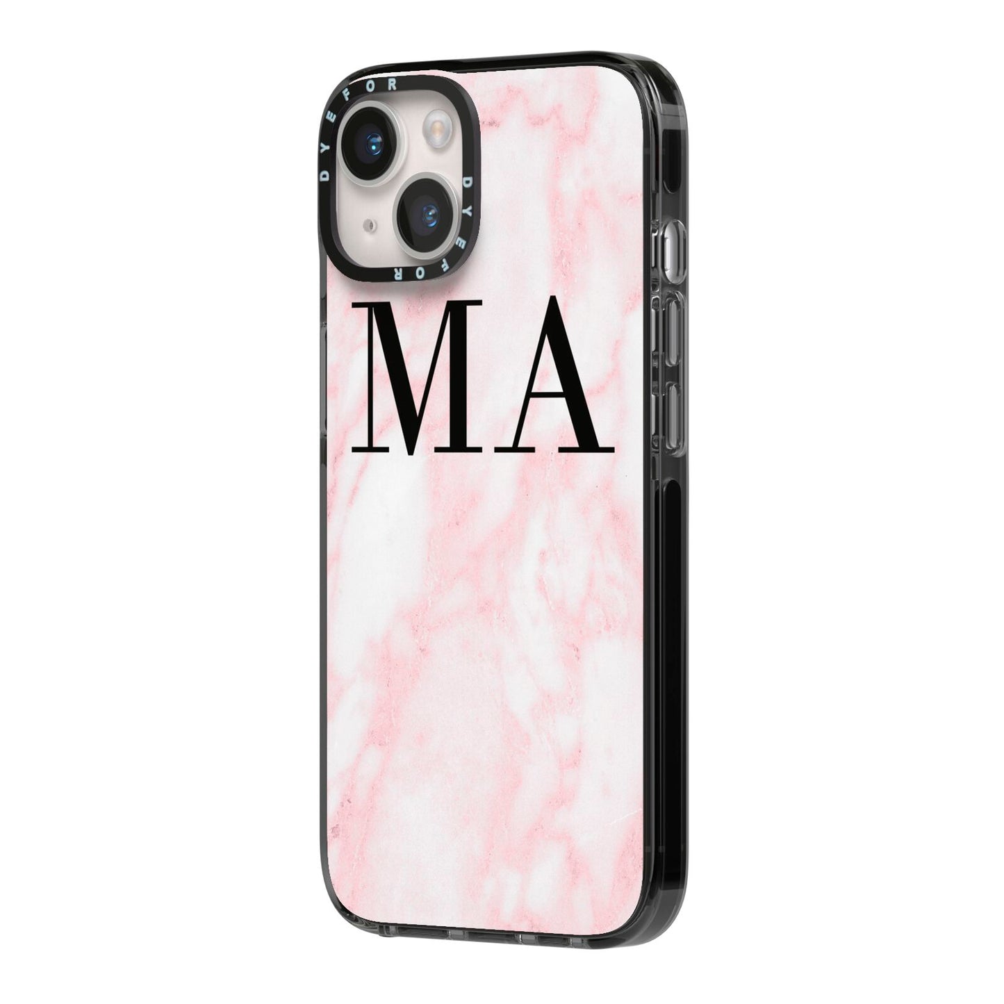 Personalised Pinky Marble Initials iPhone 14 Black Impact Case Side Angle on Silver phone