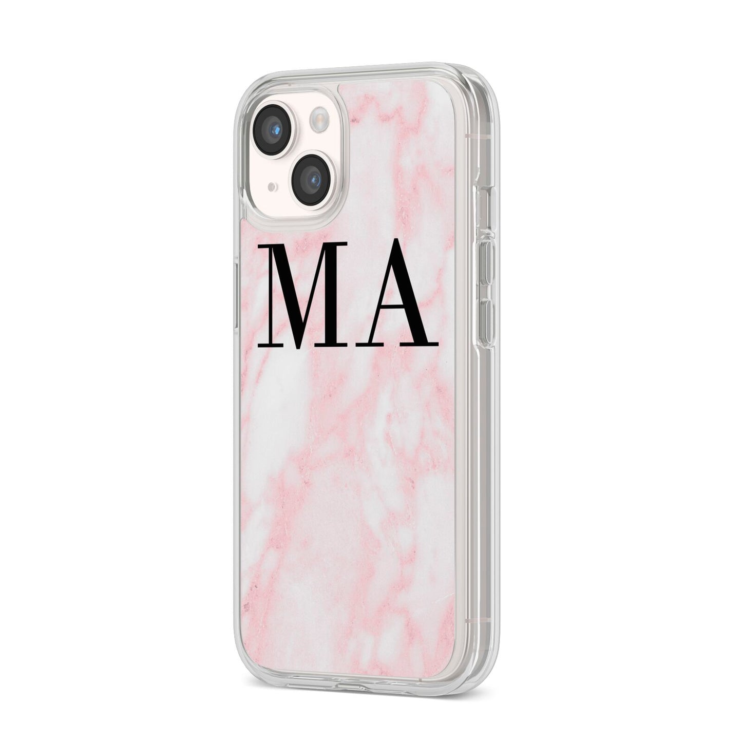 Personalised Pinky Marble Initials iPhone 14 Clear Tough Case Starlight Angled Image