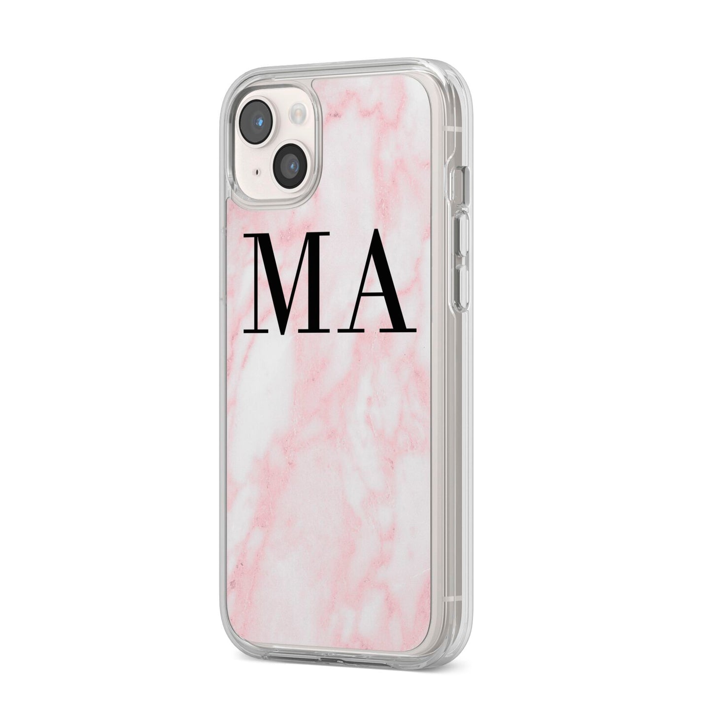 Personalised Pinky Marble Initials iPhone 14 Plus Clear Tough Case Starlight Angled Image