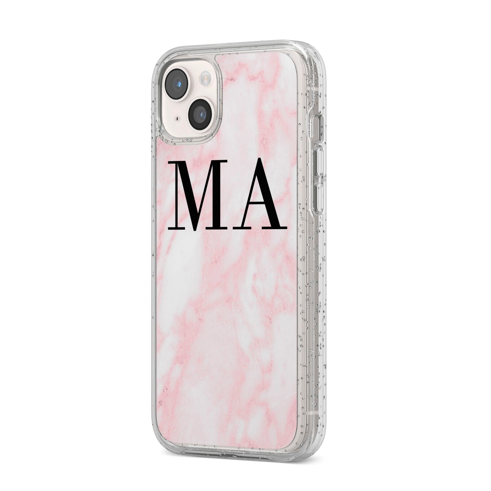 Personalised Pinky Marble Initials iPhone 14 Plus Glitter Tough Case Starlight Angled Image