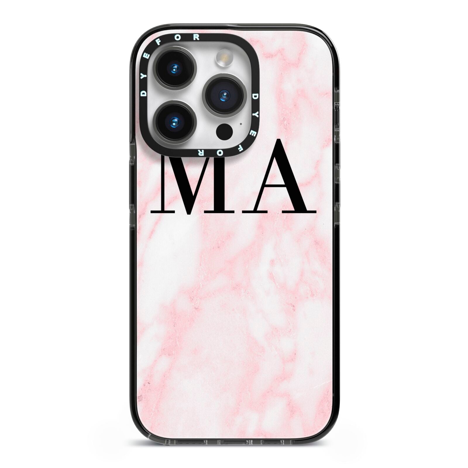 Personalised Pinky Marble Initials iPhone 14 Pro Black Impact Case on Silver phone