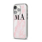 Personalised Pinky Marble Initials iPhone 14 Pro Clear Tough Case Silver Angled Image