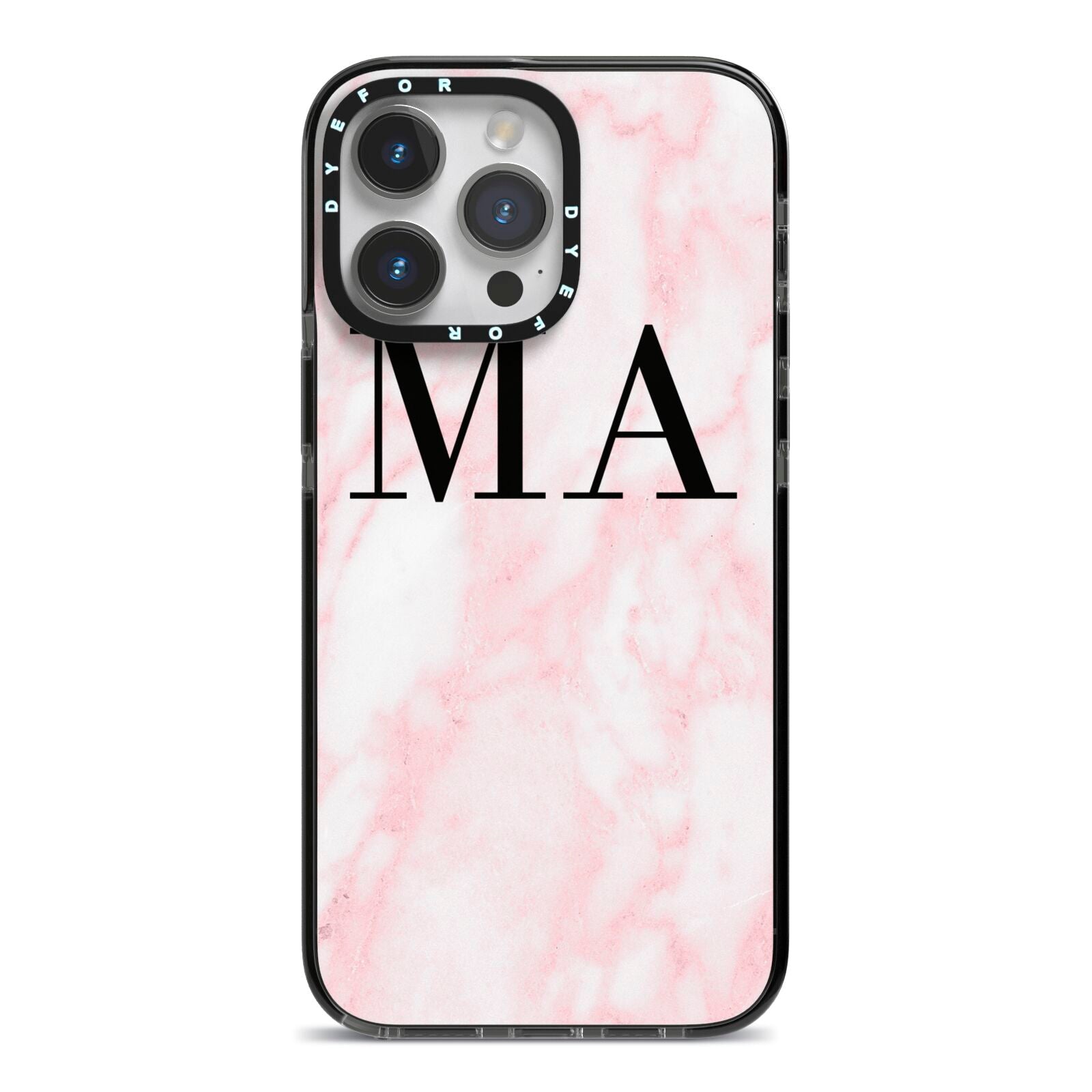 Personalised Pinky Marble Initials iPhone 14 Pro Max Black Impact Case on Silver phone