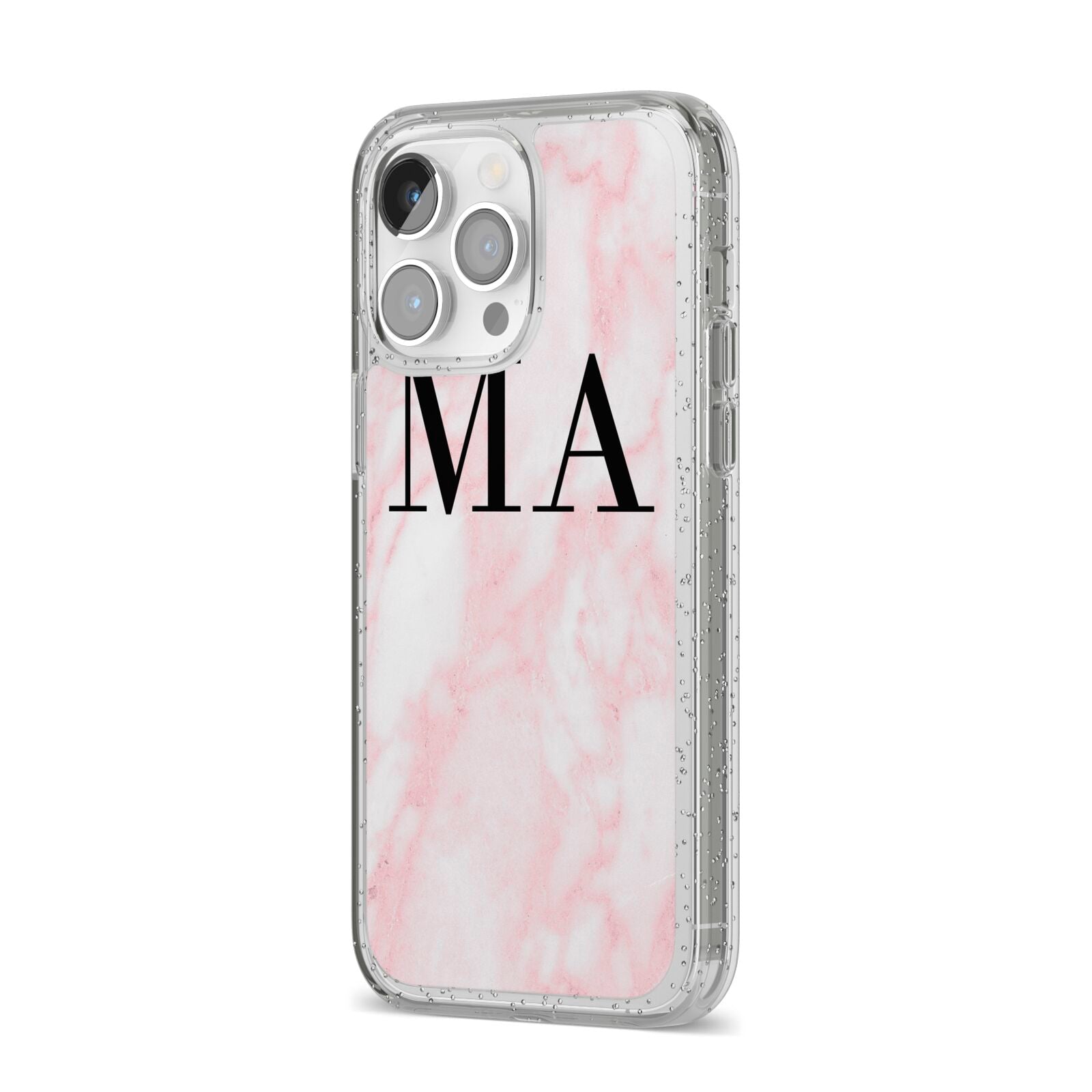 Personalised Pinky Marble Initials iPhone 14 Pro Max Glitter Tough Case Silver Angled Image