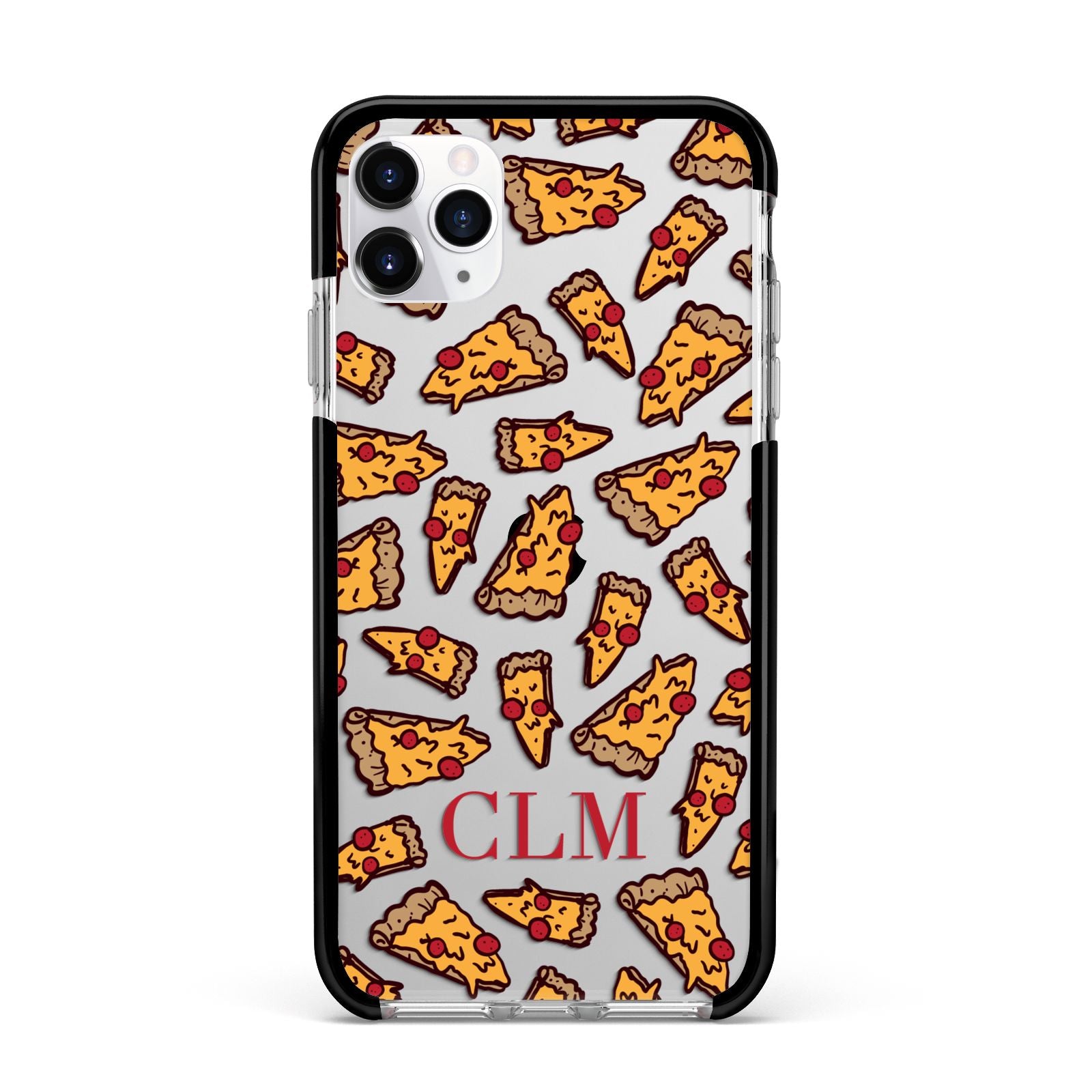 Personalised Pizza Initials Clear Apple iPhone 11 Pro Max in Silver with Black Impact Case