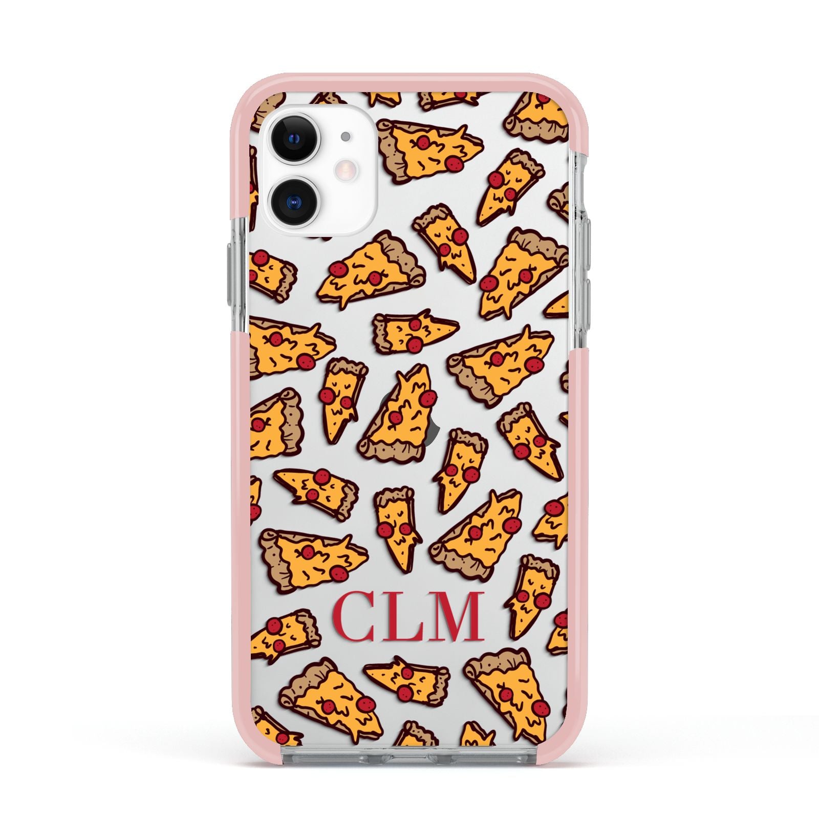 Personalised Pizza Initials Clear Apple iPhone 11 in White with Pink Impact Case
