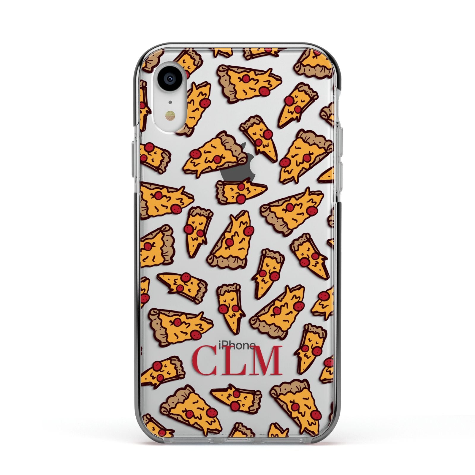 Personalised Pizza Initials Clear Apple iPhone XR Impact Case Black Edge on Silver Phone