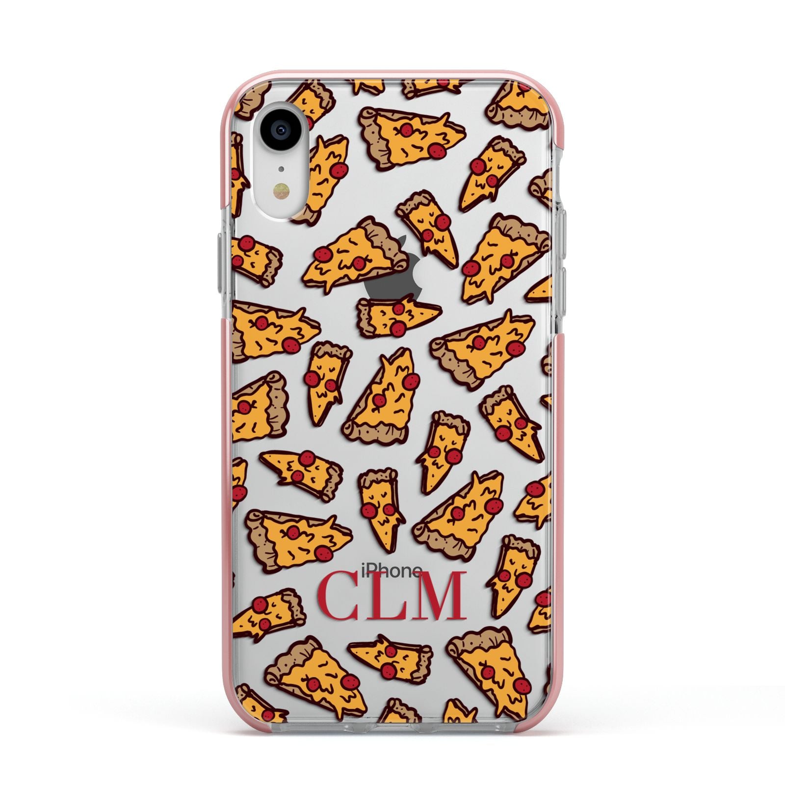 Personalised Pizza Initials Clear Apple iPhone XR Impact Case Pink Edge on Silver Phone