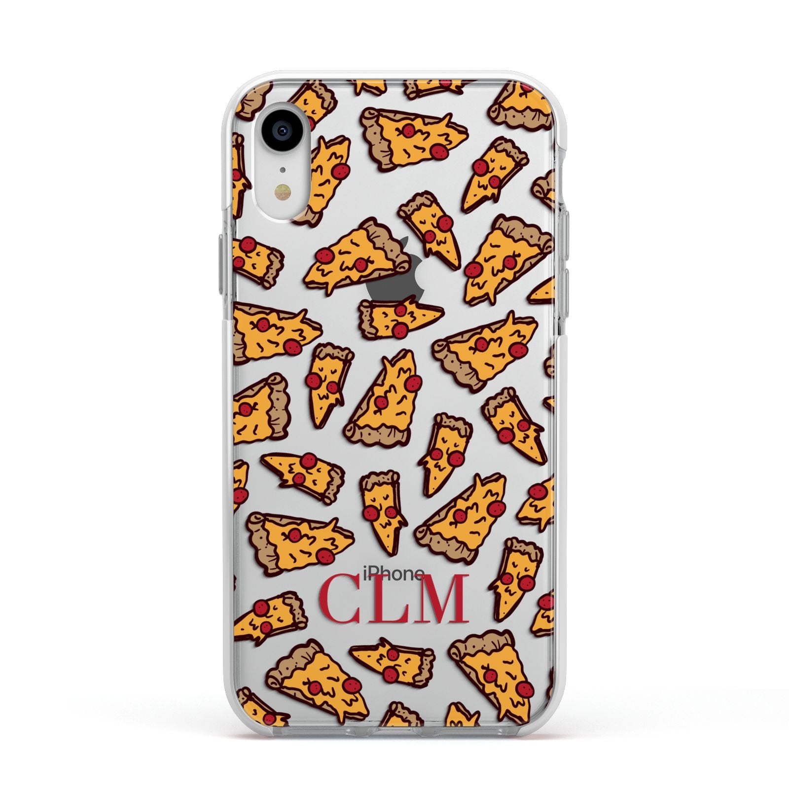 Personalised Pizza Initials Clear Apple iPhone XR Impact Case White Edge on Silver Phone