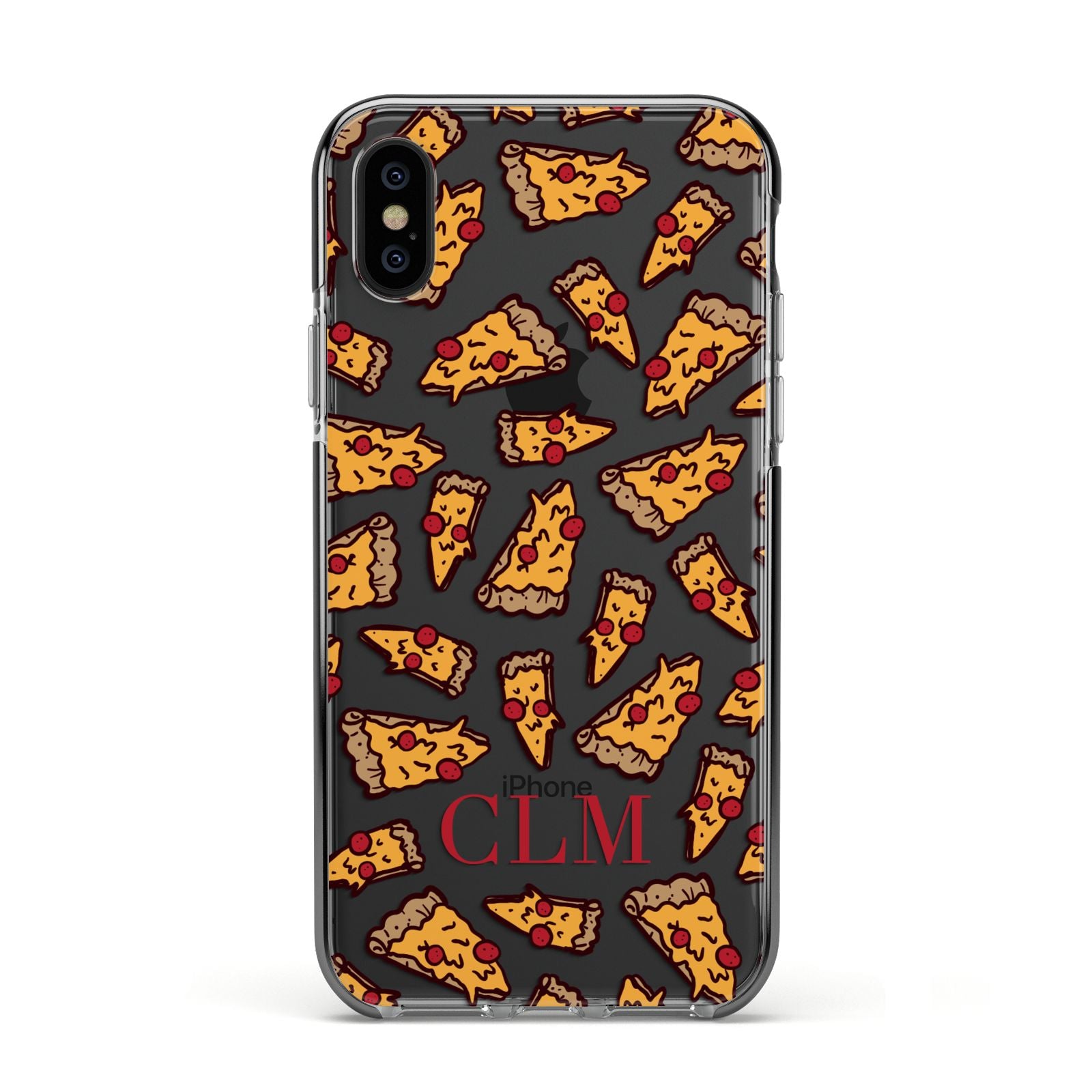 Personalised Pizza Initials Clear Apple iPhone Xs Impact Case Black Edge on Black Phone