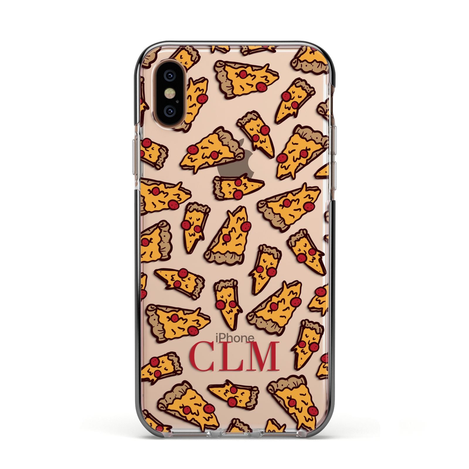 Personalised Pizza Initials Clear Apple iPhone Xs Impact Case Black Edge on Gold Phone