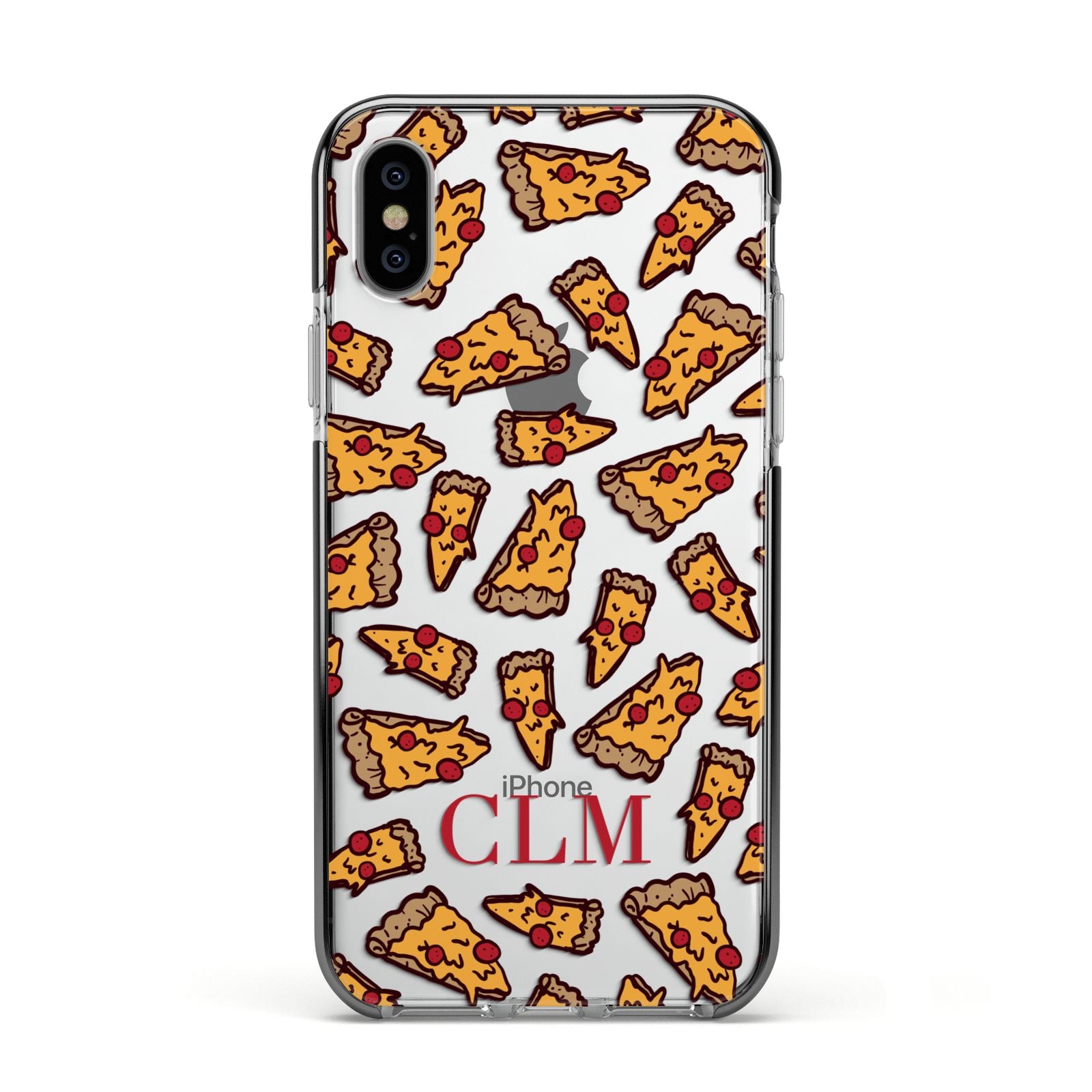 Personalised Pizza Initials Clear Apple iPhone Xs Impact Case Black Edge on Silver Phone