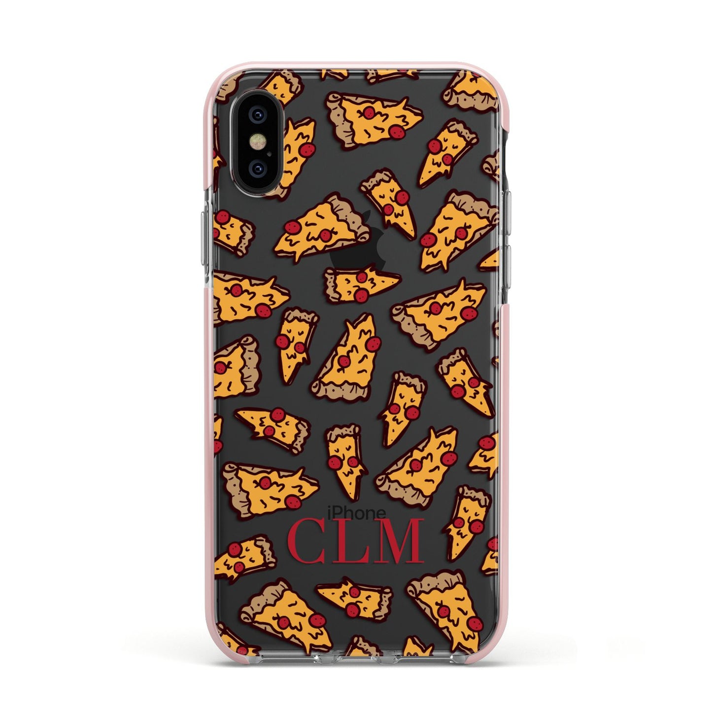 Personalised Pizza Initials Clear Apple iPhone Xs Impact Case Pink Edge on Black Phone