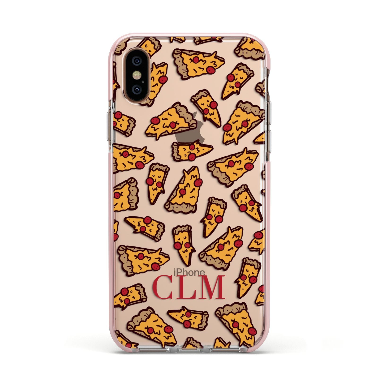 Personalised Pizza Initials Clear Apple iPhone Xs Impact Case Pink Edge on Gold Phone