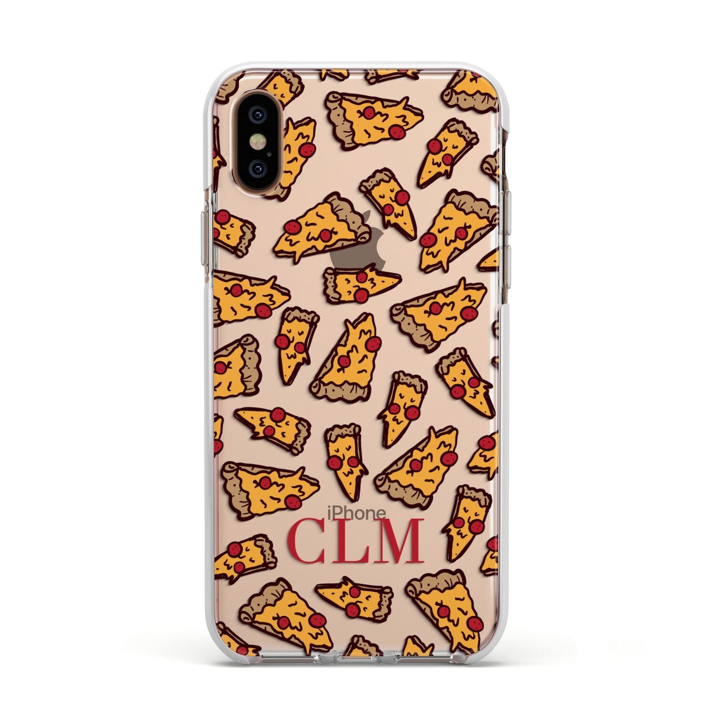 Personalised Pizza Initials Clear Apple iPhone Xs Impact Case White Edge on Gold Phone