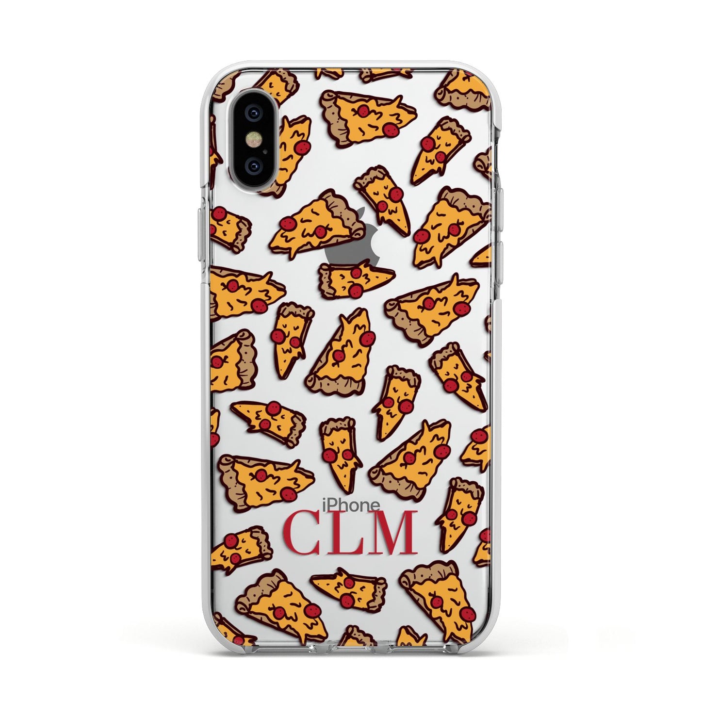 Personalised Pizza Initials Clear Apple iPhone Xs Impact Case White Edge on Silver Phone