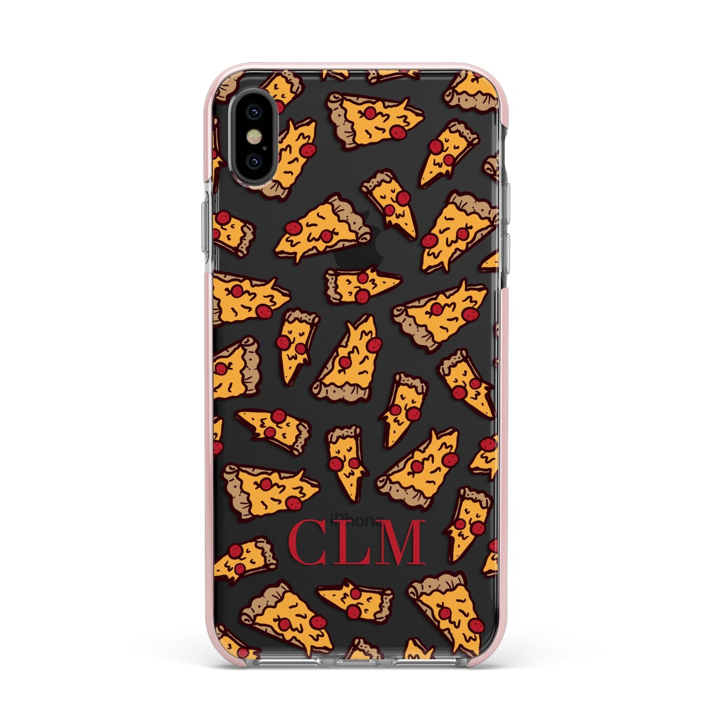 Personalised Pizza Initials Clear Apple iPhone Xs Max Impact Case Pink Edge on Black Phone