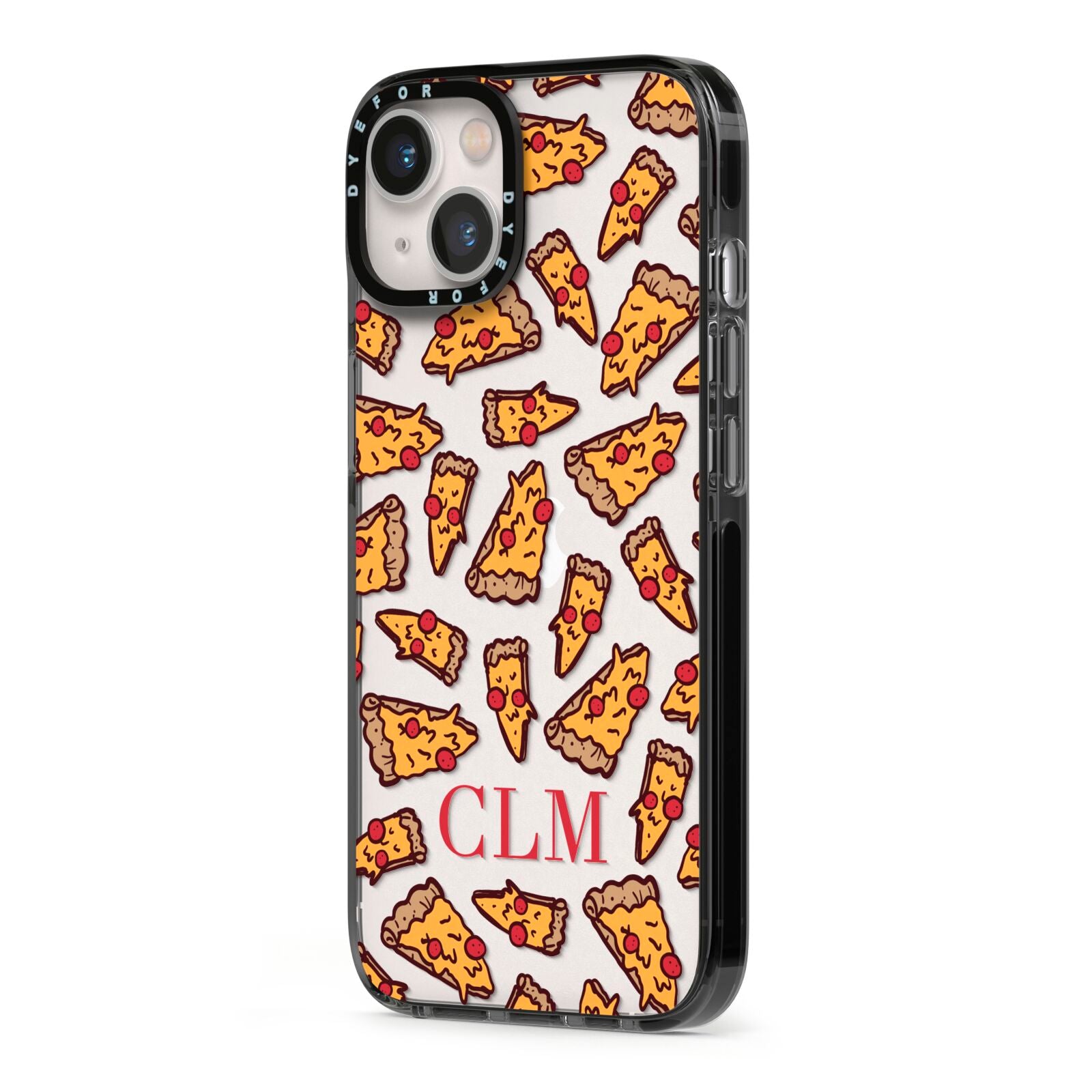 Personalised Pizza Initials Clear iPhone 13 Black Impact Case Side Angle on Silver phone