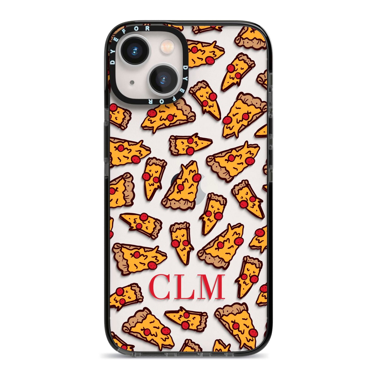 Personalised Pizza Initials Clear iPhone 13 Black Impact Case on Silver phone