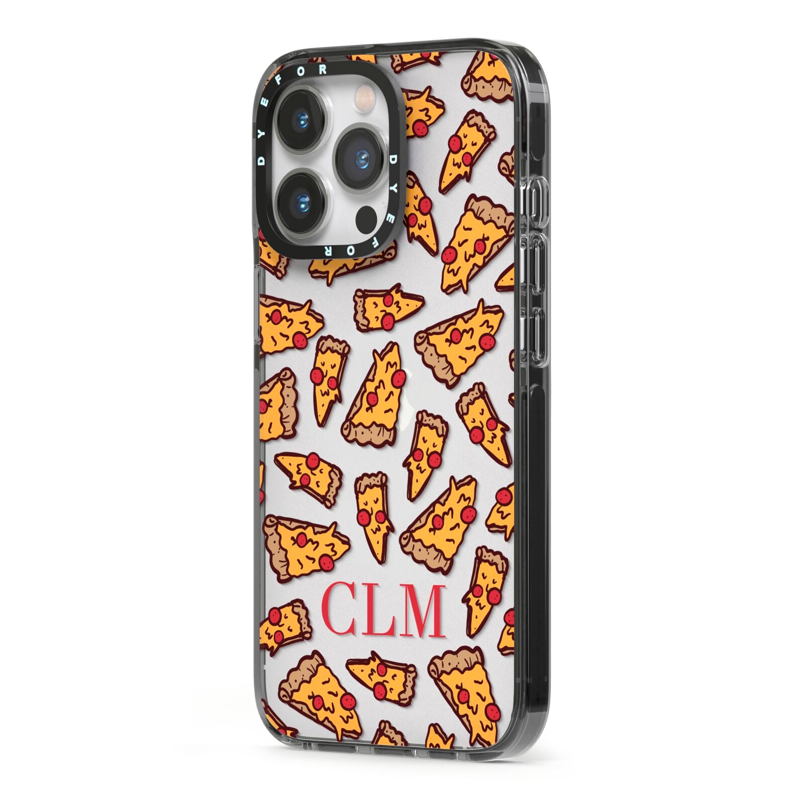 Personalised Pizza Initials Clear iPhone 13 Pro Black Impact Case Side Angle on Silver phone