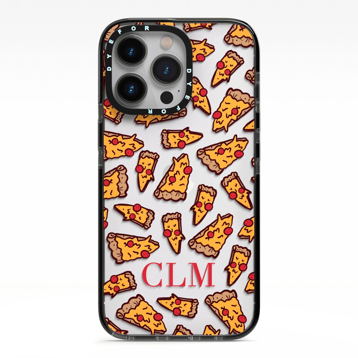Personalised Pizza Initials Clear iPhone 13 Pro Black Impact Case on Silver phone