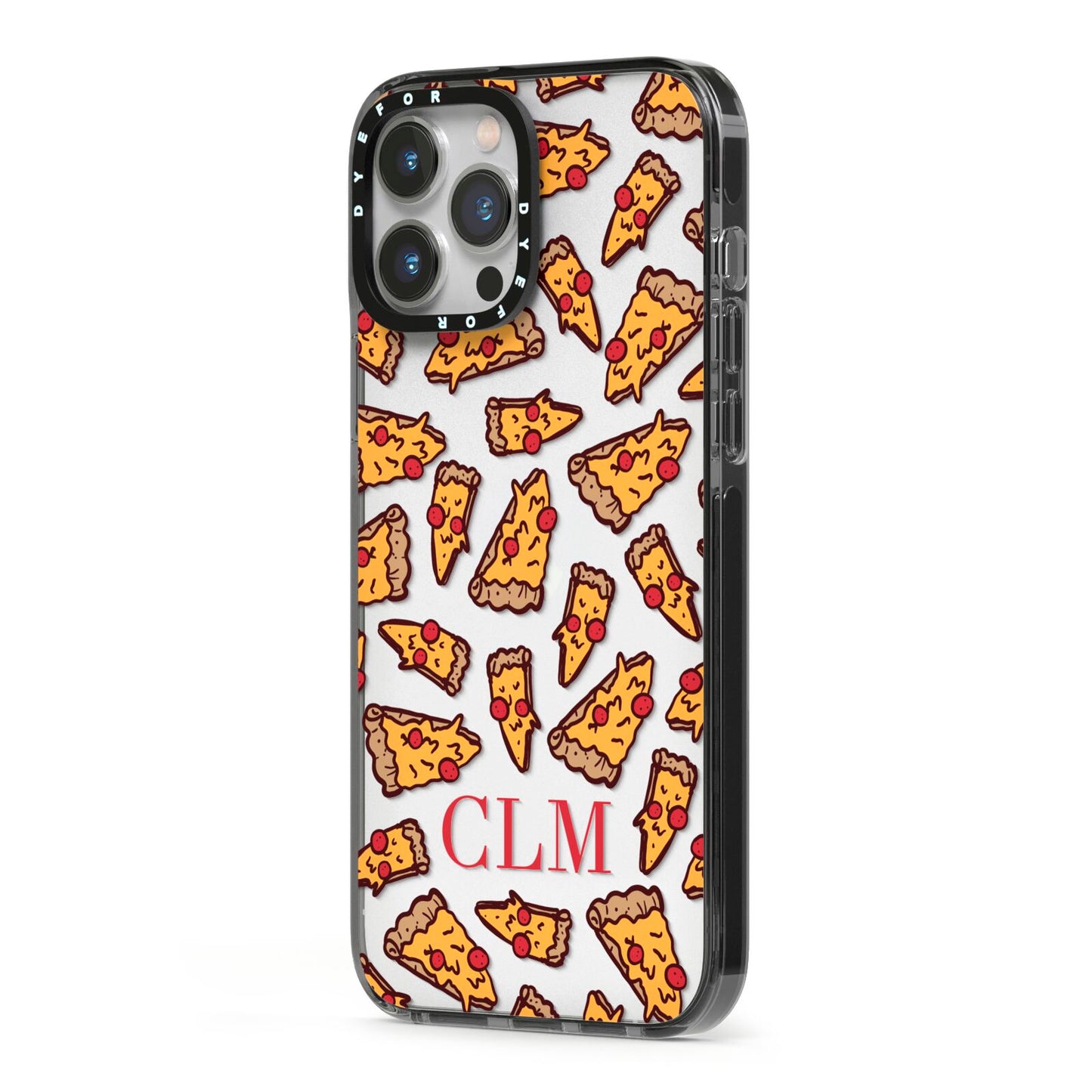 Personalised Pizza Initials Clear iPhone 13 Pro Max Black Impact Case Side Angle on Silver phone
